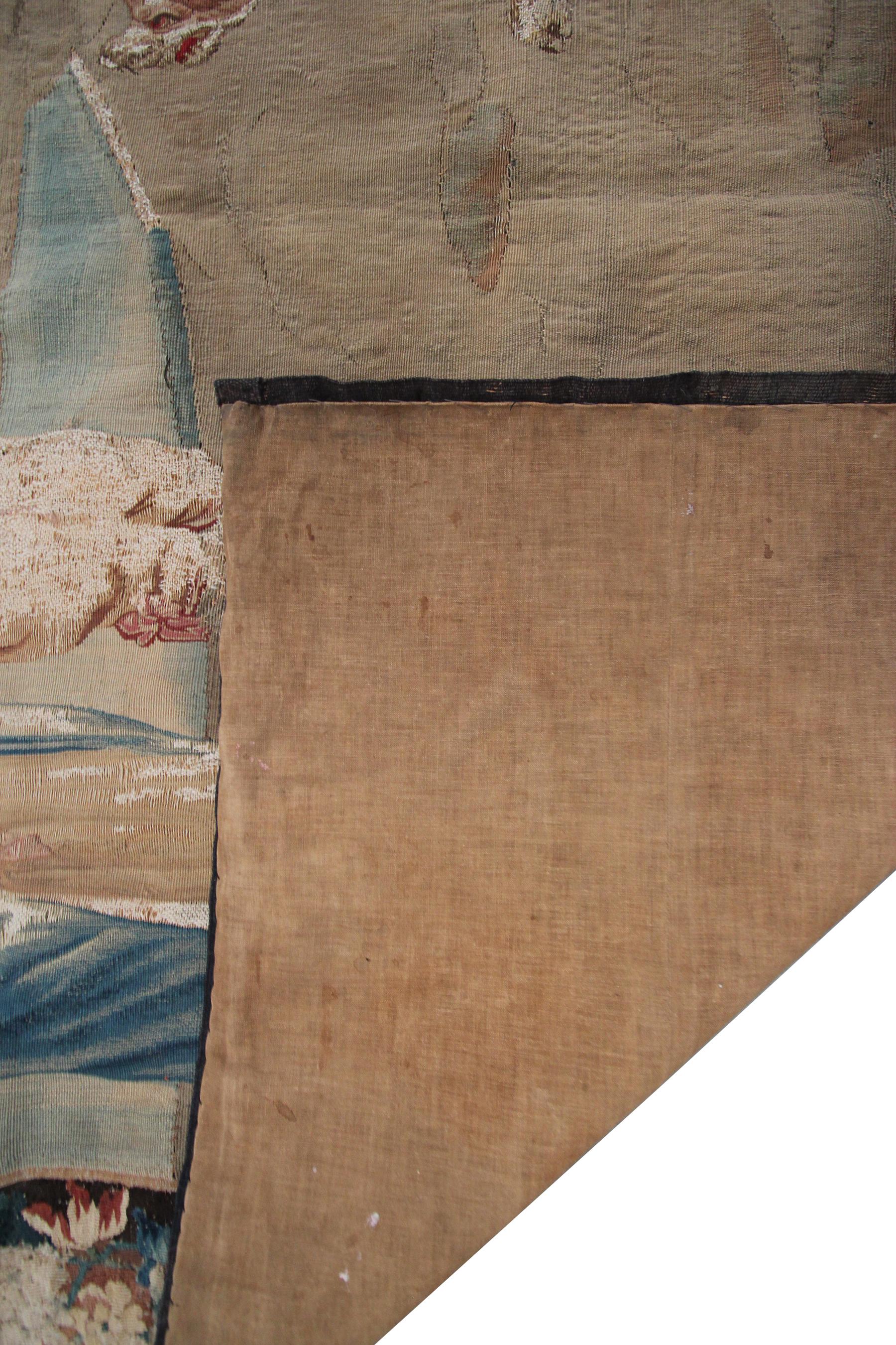 Antiker französischer Wandteppich aus handgewebter Wolle und Seide aus dem 18. Jahrhundert, 5x6ft 153x165cm im Angebot 8