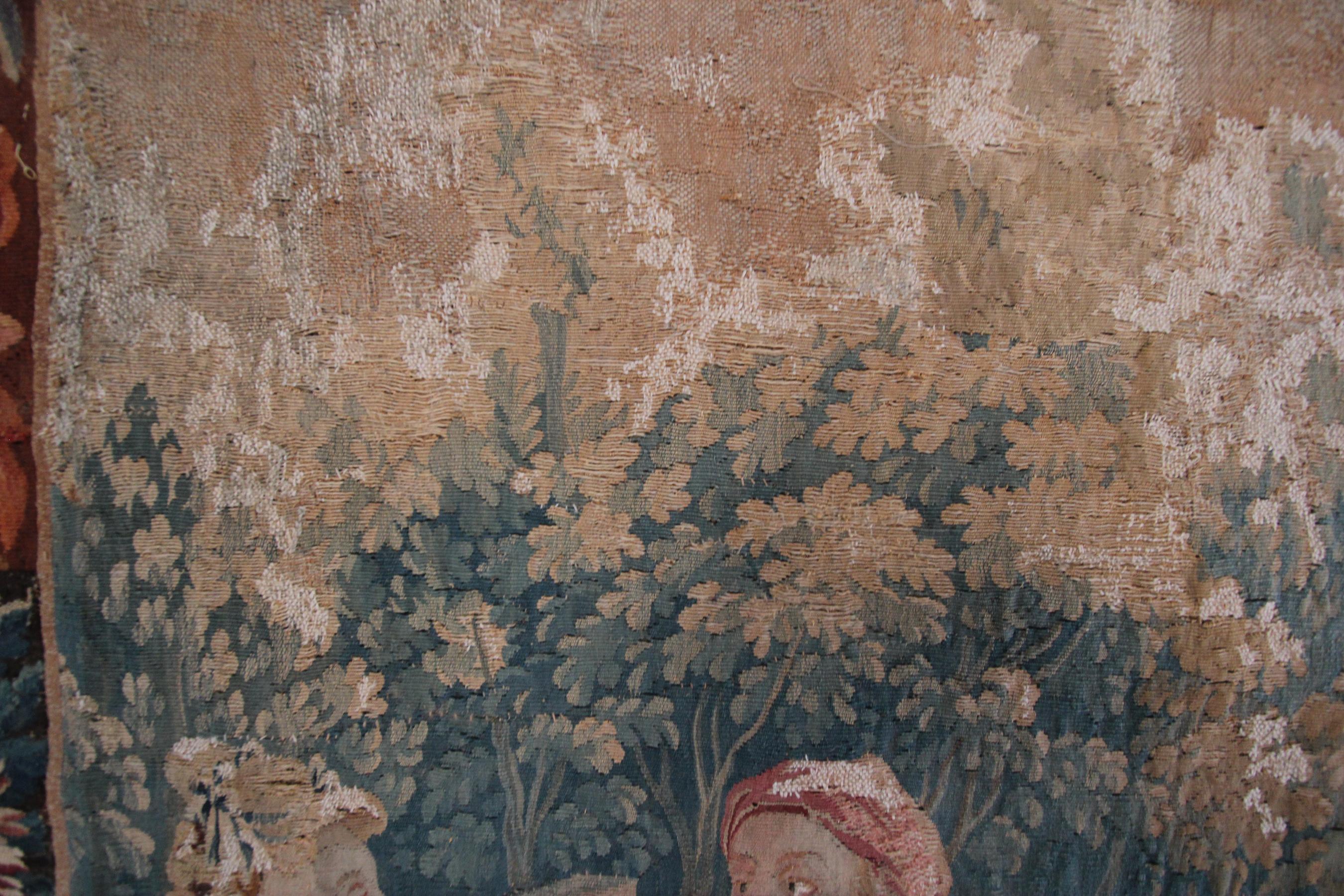Antiker französischer Wandteppich aus handgewebter Wolle und Seide aus dem 18. Jahrhundert, 5x6ft 153x165cm (Belgisch) im Angebot