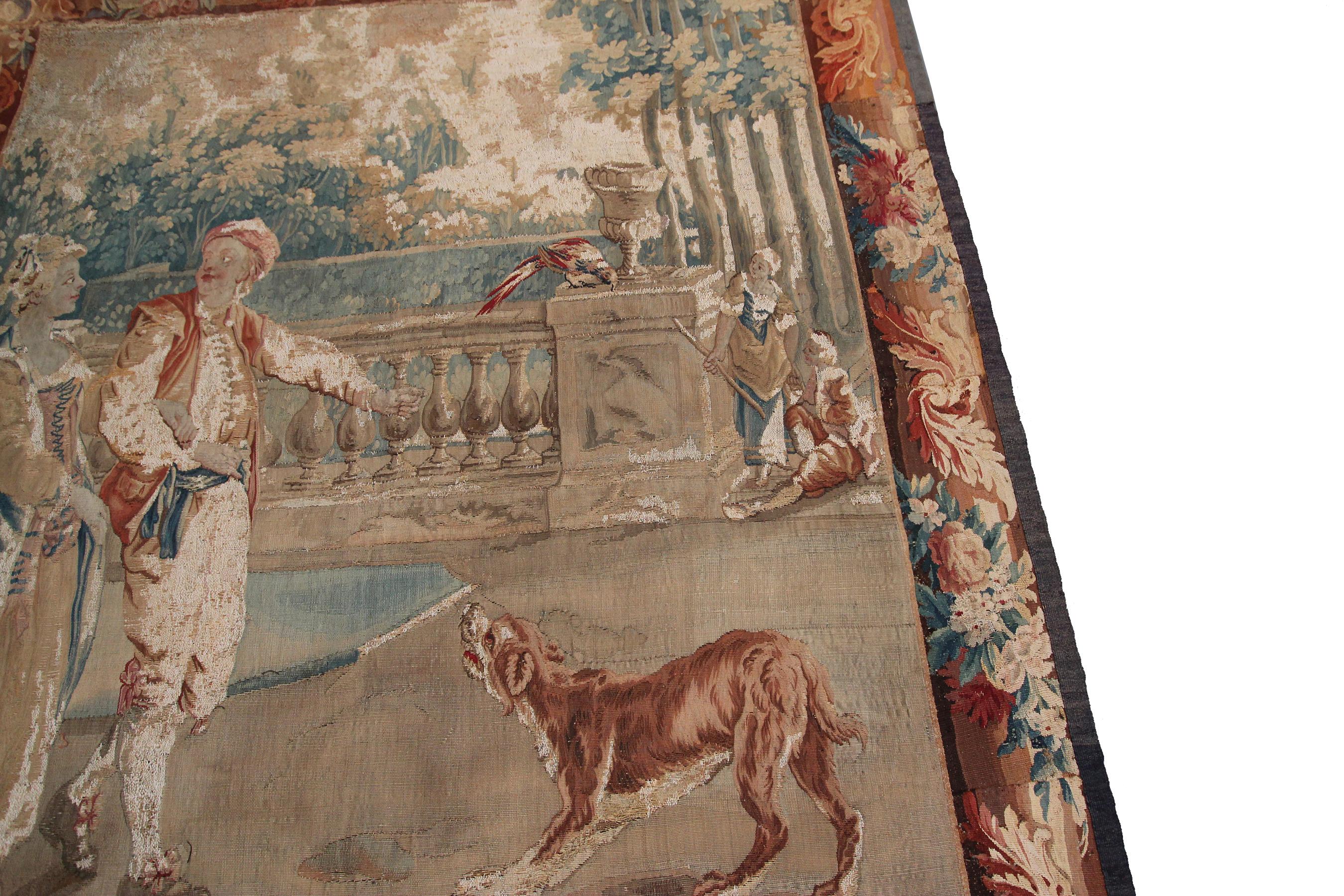 Antiker französischer Wandteppich aus handgewebter Wolle und Seide aus dem 18. Jahrhundert, 5x6ft 153x165cm im Zustand „Gut“ im Angebot in New York, NY
