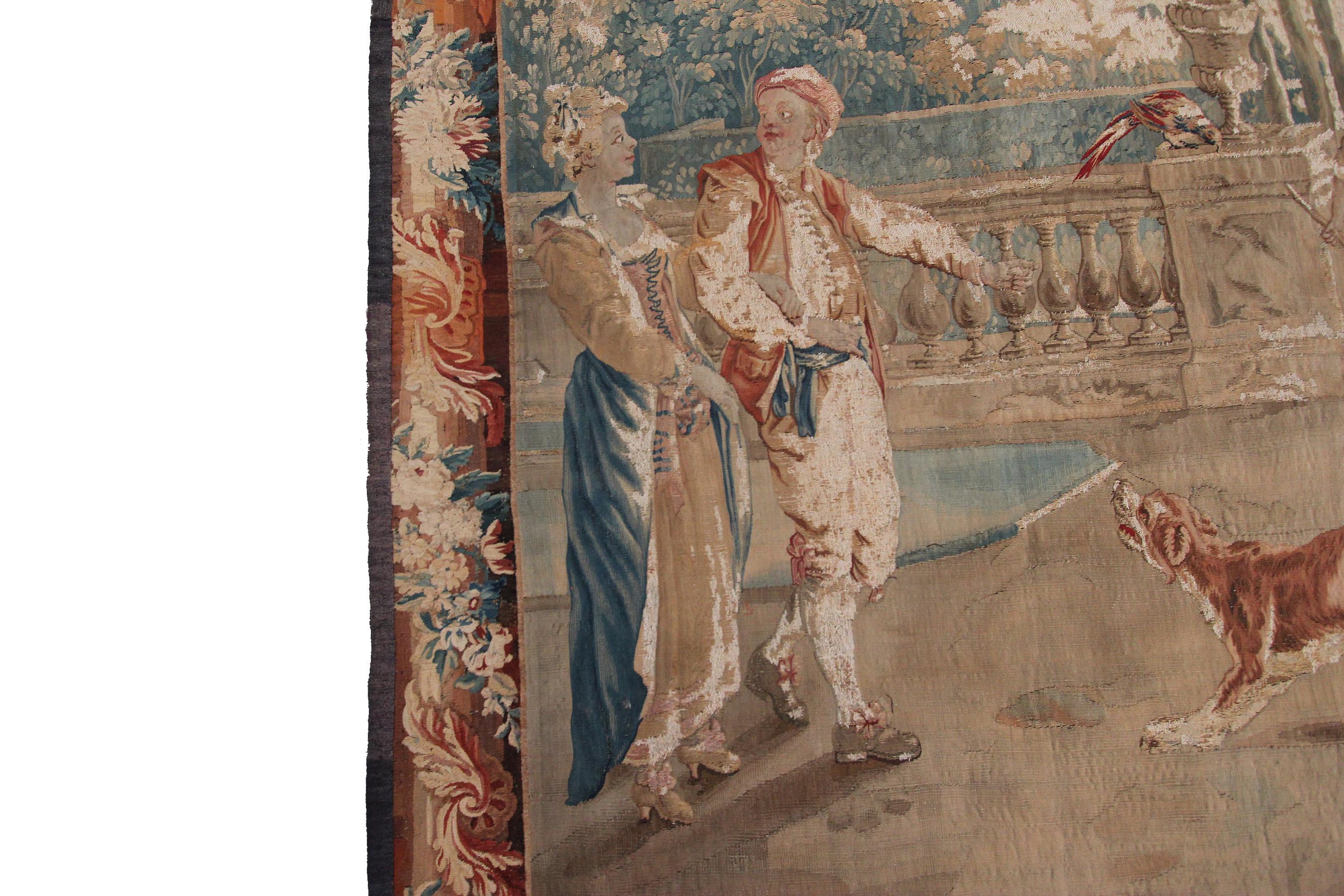 Fin du XVIIIe siècle Tapisserie française ancienne du 18ème siècle en laine et soie tissée à la main 5x6 pieds 153 x 165 cm en vente