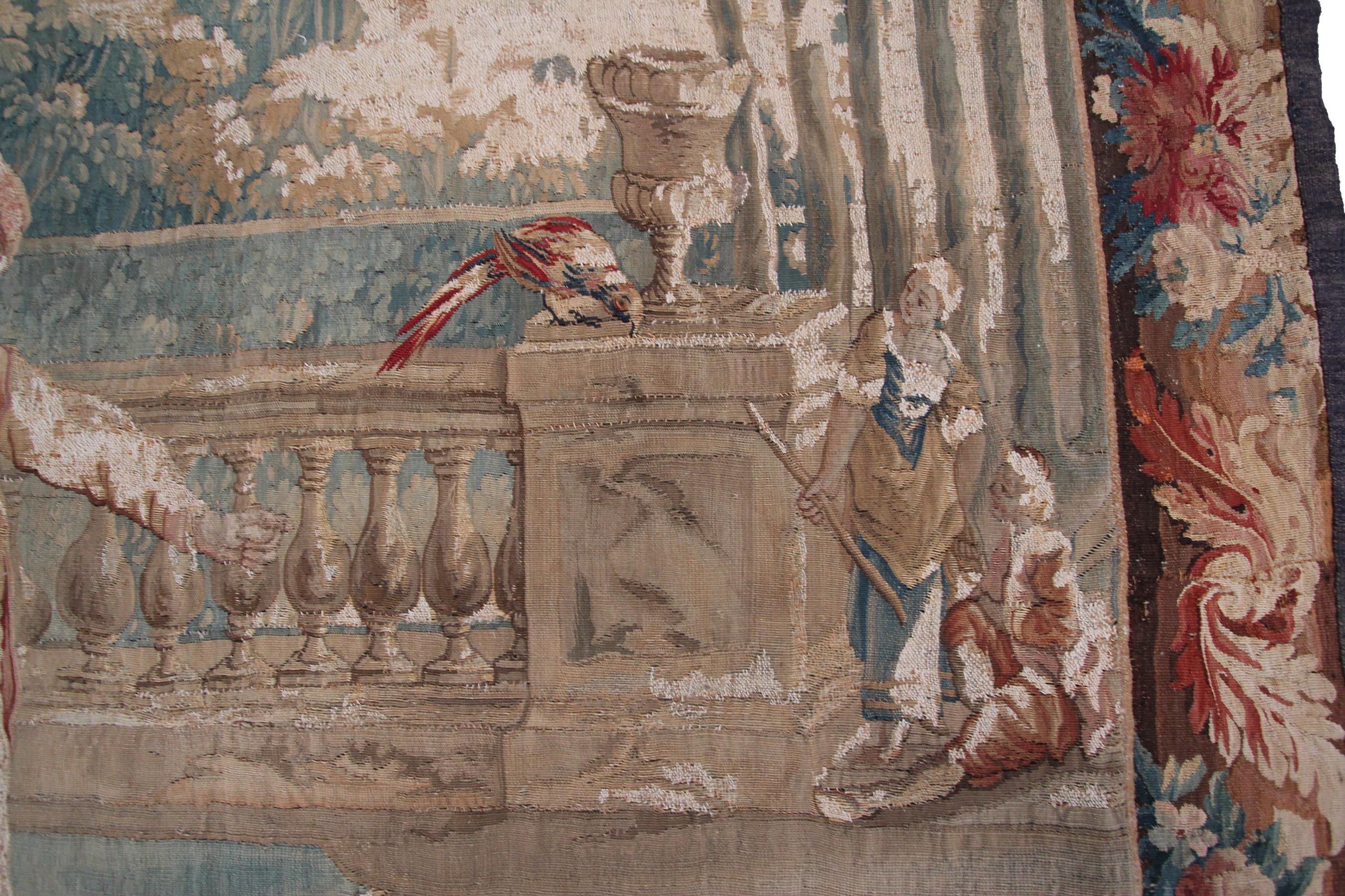 Antiker französischer Wandteppich aus handgewebter Wolle und Seide aus dem 18. Jahrhundert, 5x6ft 153x165cm im Angebot 2