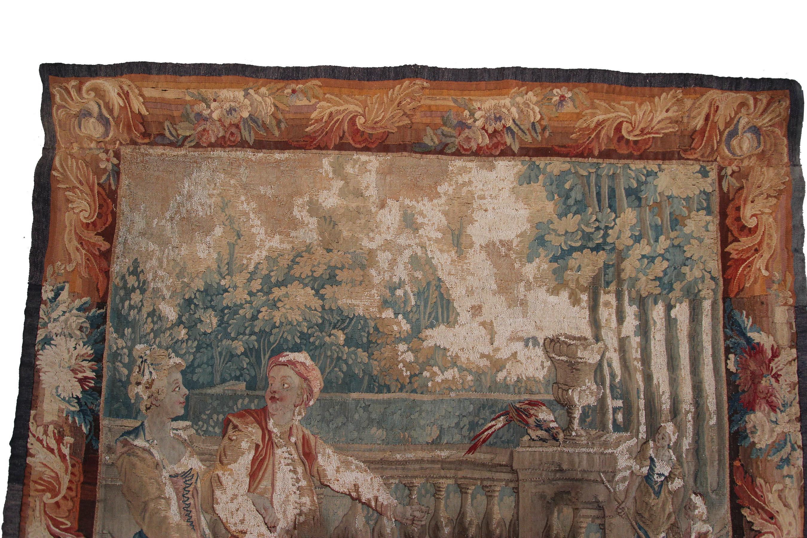 Antiker französischer Wandteppich aus handgewebter Wolle und Seide aus dem 18. Jahrhundert, 5x6ft 153x165cm im Angebot 3