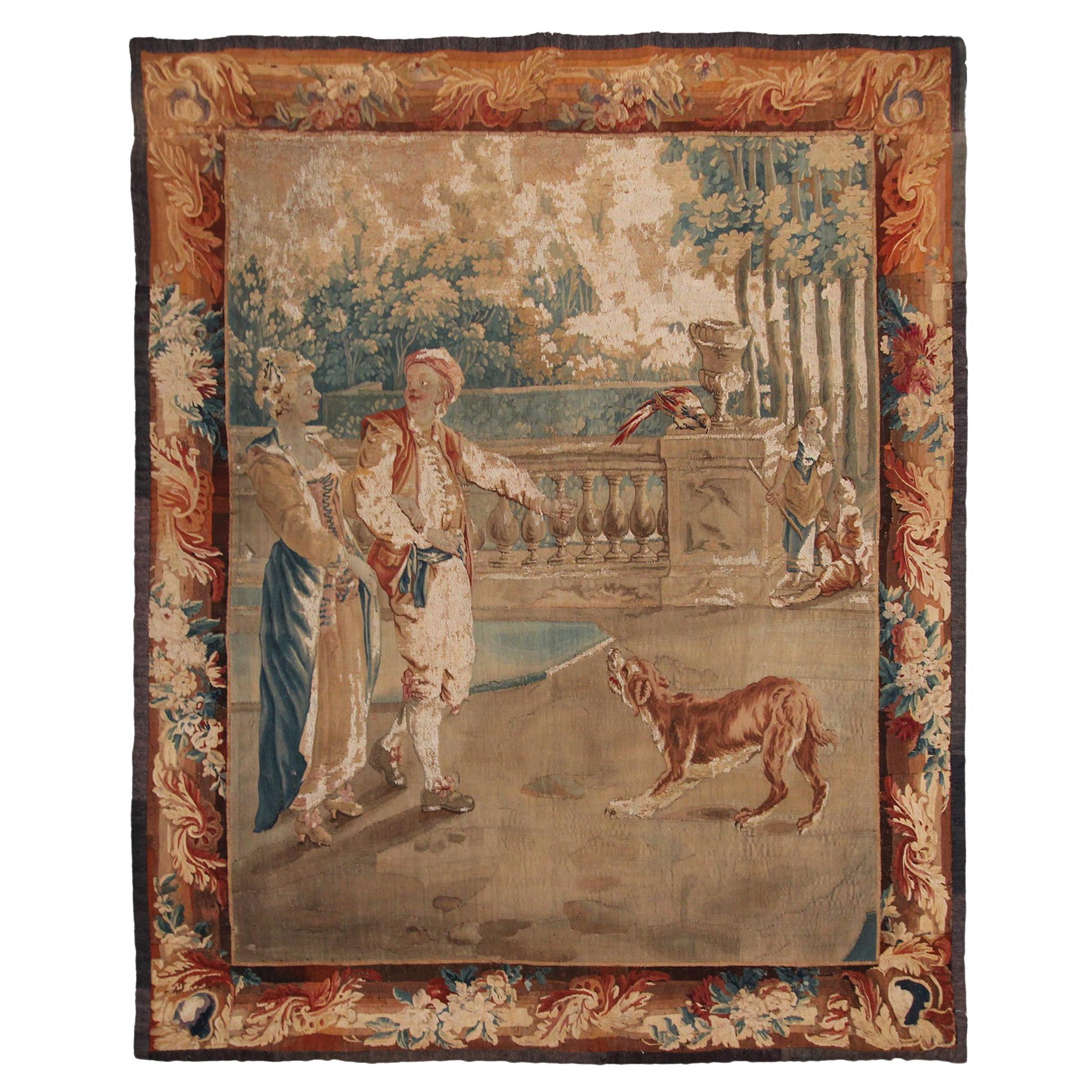 Antiker französischer Wandteppich aus handgewebter Wolle und Seide aus dem 18. Jahrhundert, 5x6ft 153x165cm im Angebot