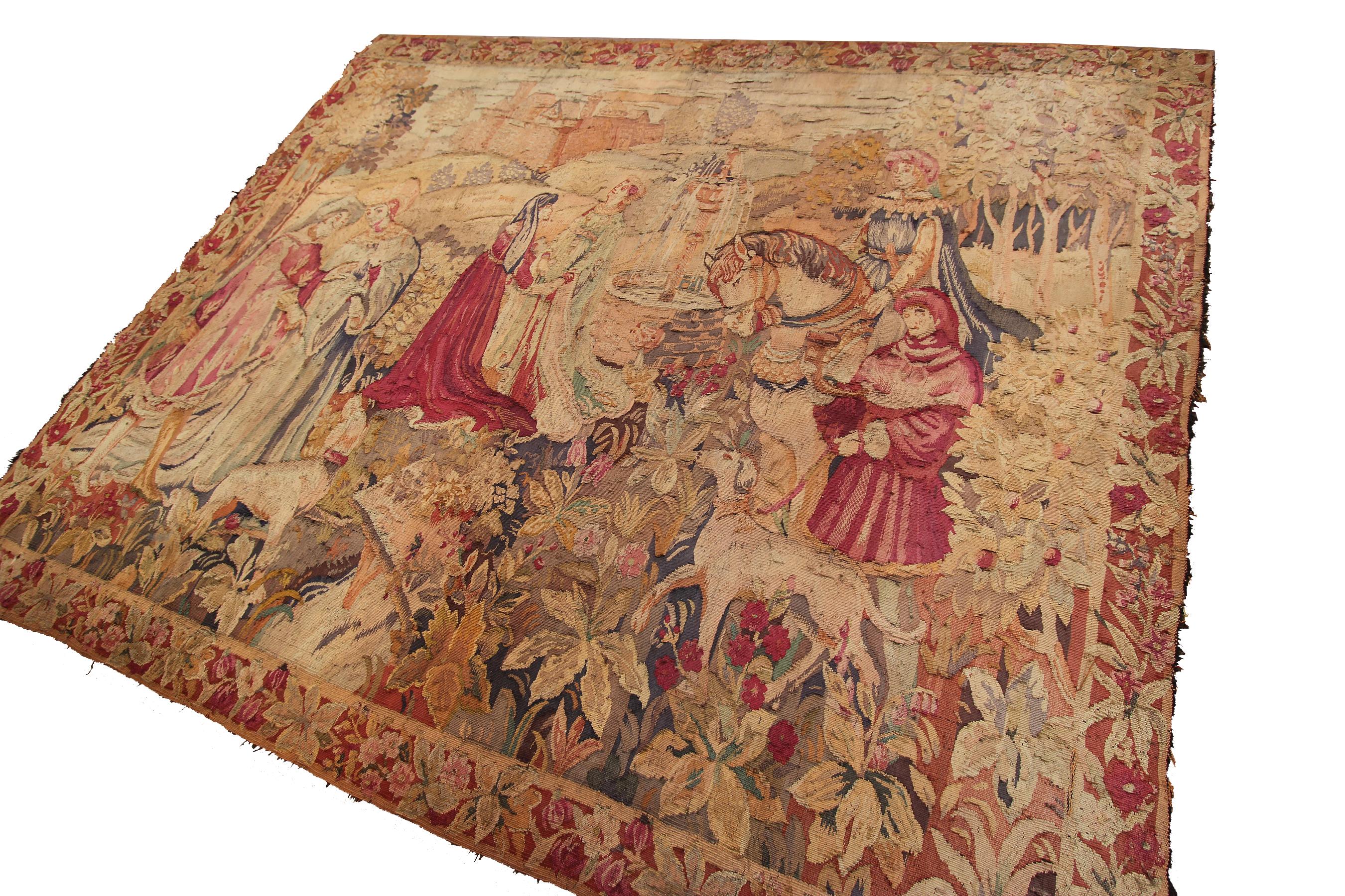 Baroque Antique French Tapestry 1920 Handmade 6x8 Wool foundation 1920 For Sale