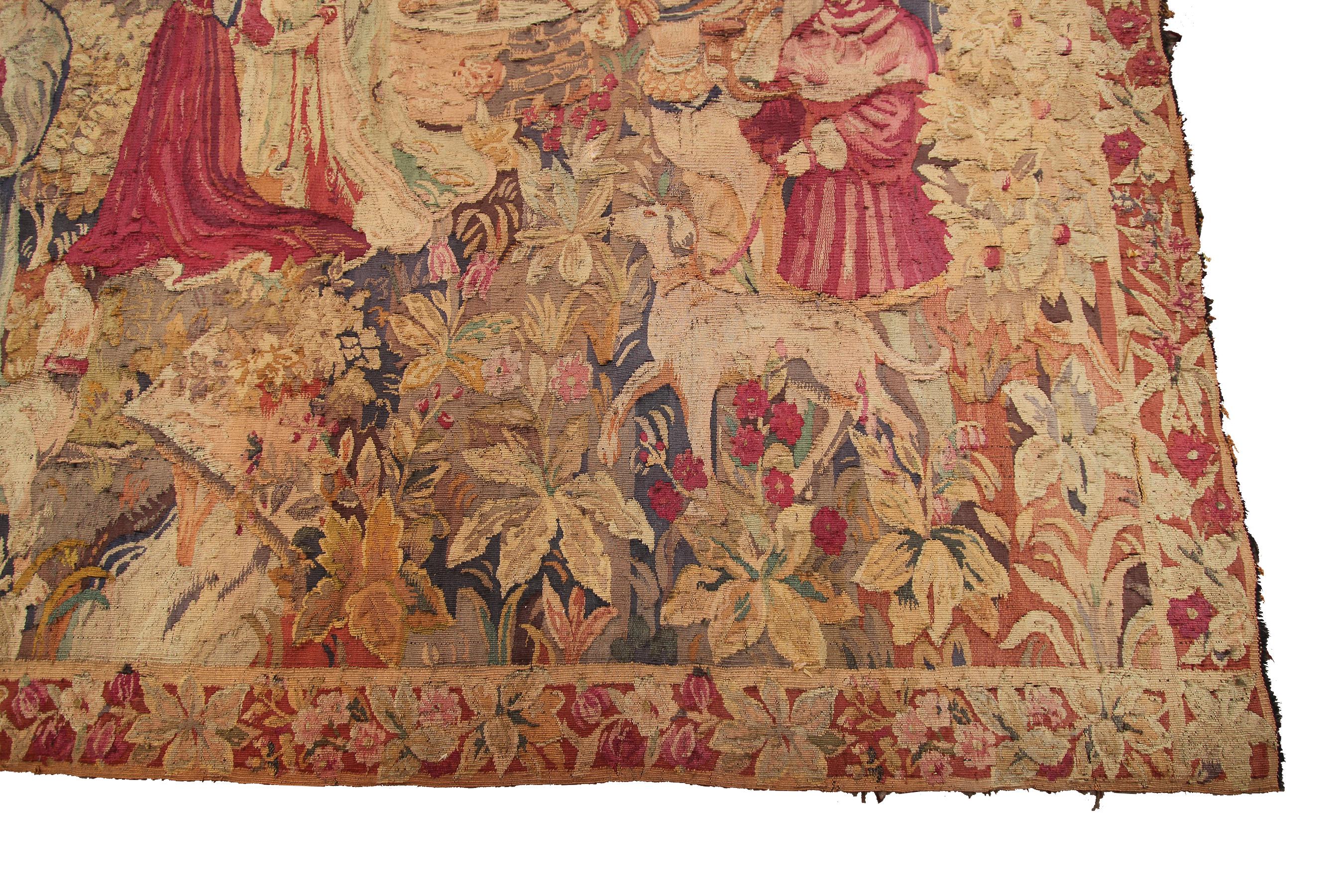 Hand-Woven Antique French Tapestry 1920 Handmade 6x8 Wool foundation 1920 For Sale