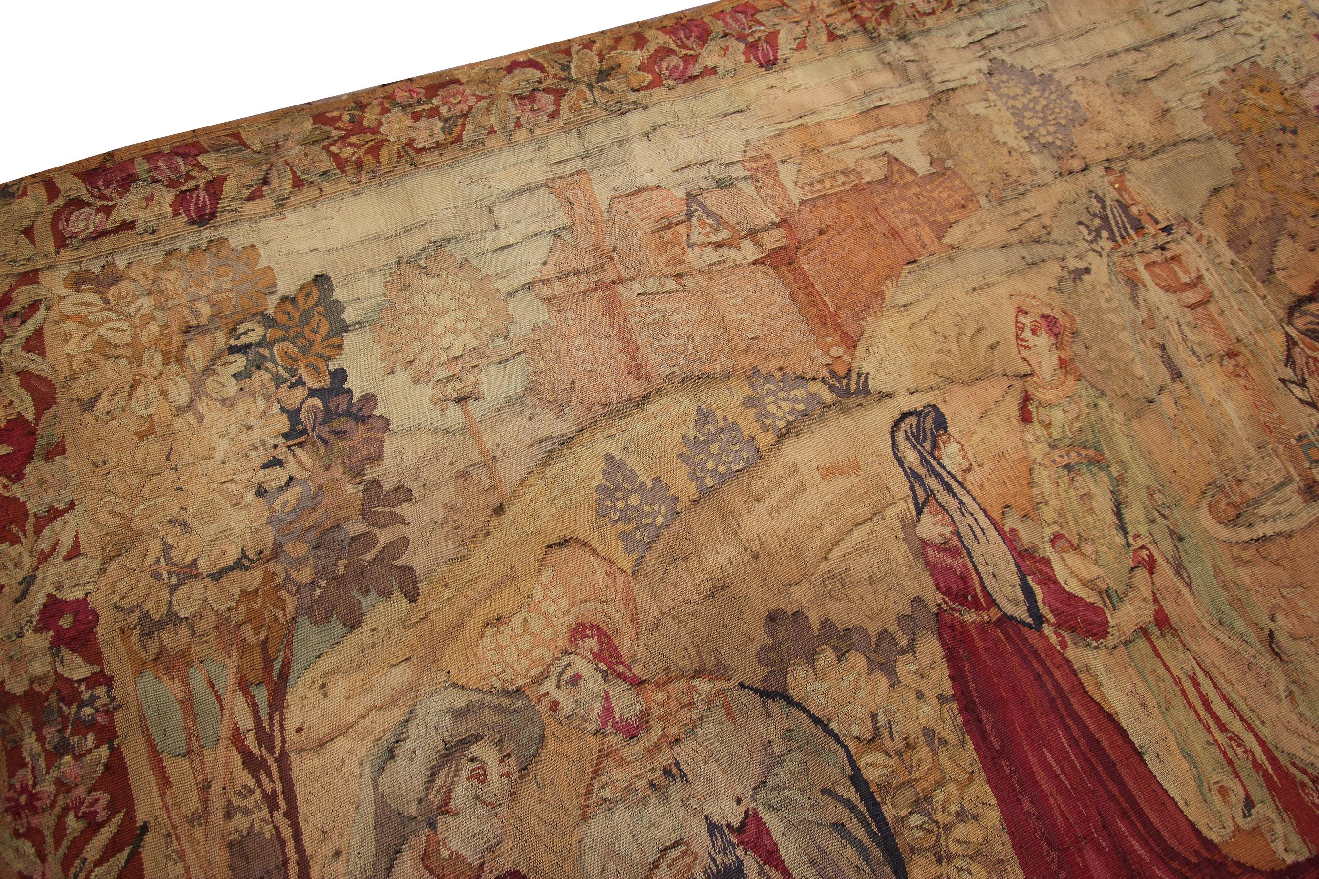 Antique French Tapestry 1920 Handmade 6x8 Wool foundation 1920 In Good Condition For Sale In New York, NY