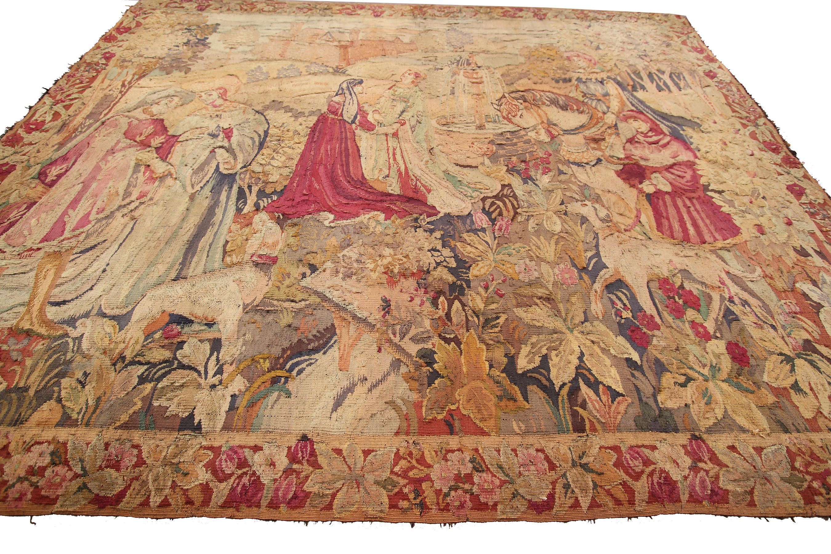 Antique French Tapestry 1920 Handmade 6x8 Wool foundation 1920 For Sale 2