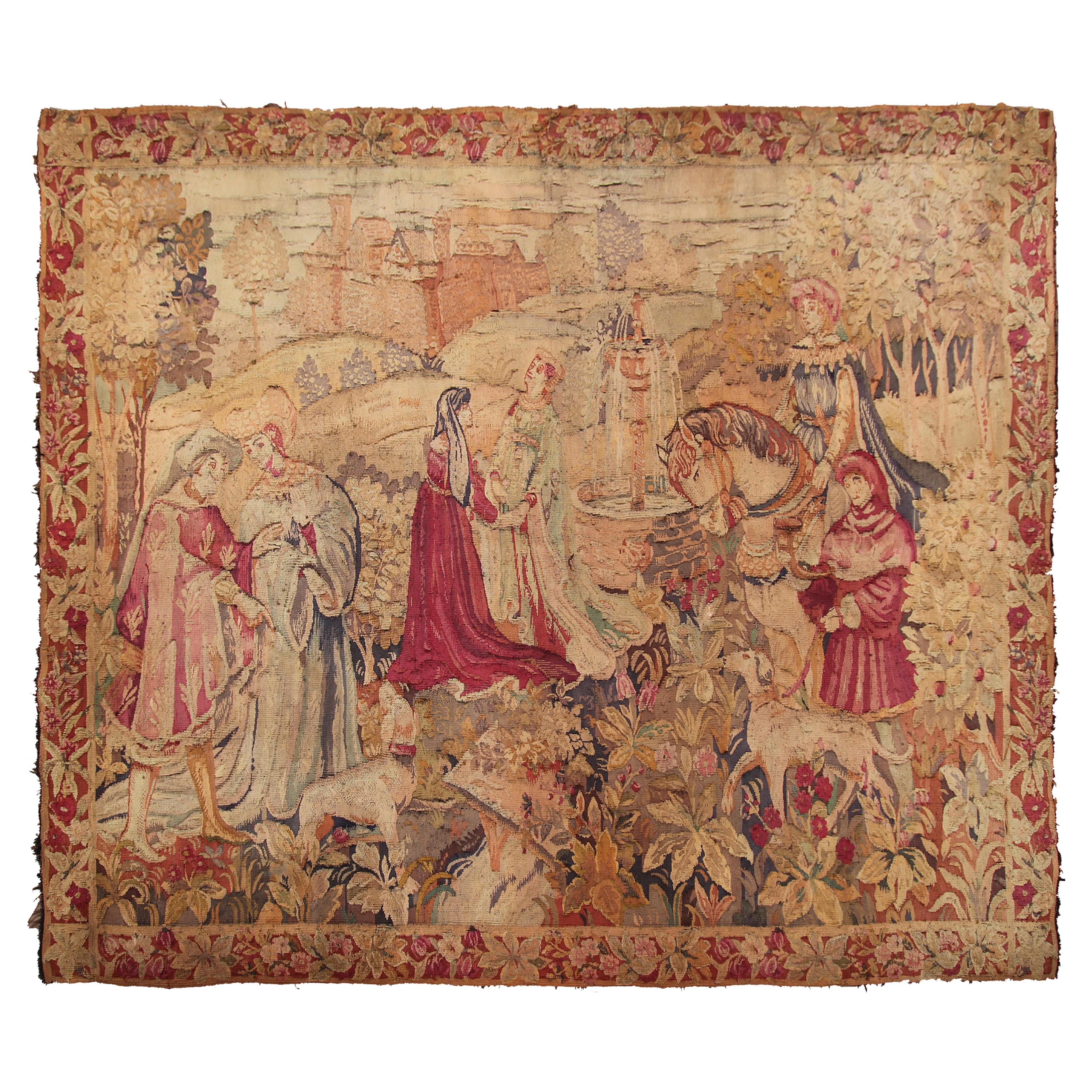 Antique French Tapestry 1920 Handmade 6x8 Wool foundation 1920 For Sale