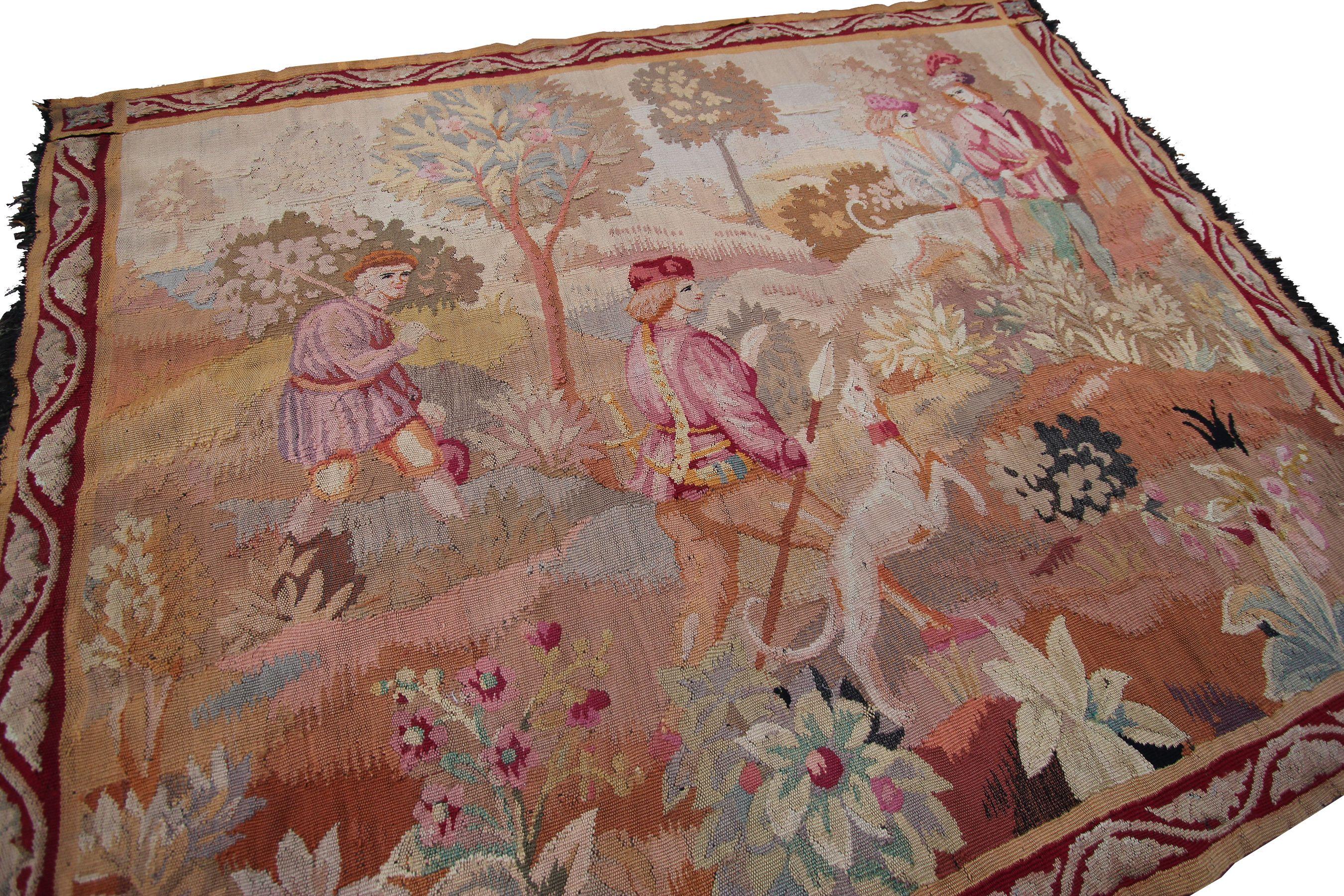 Rare Antique French Tapestry handmade Verdure Tapestry 
4' x 5' 
122cm x 153cm 

Circa 1920

A magnificent antique French tapestry depicting a hunting scene amongst a verdure setting. Beautiful colorway, and an easy, chic addition to any