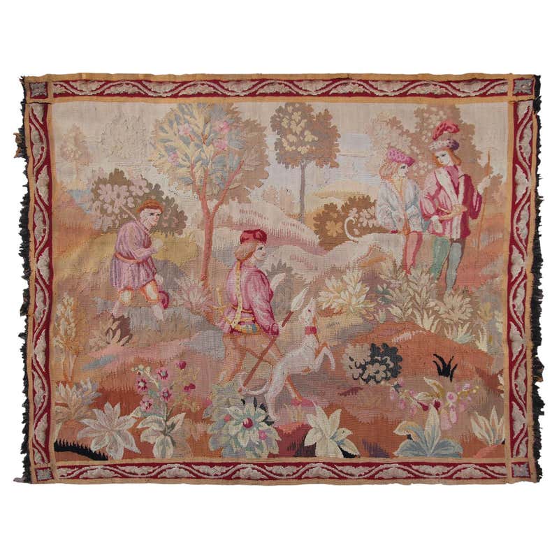 Antique French Verdure Wall Tapestry with Hunting Scene and Renaissance ...