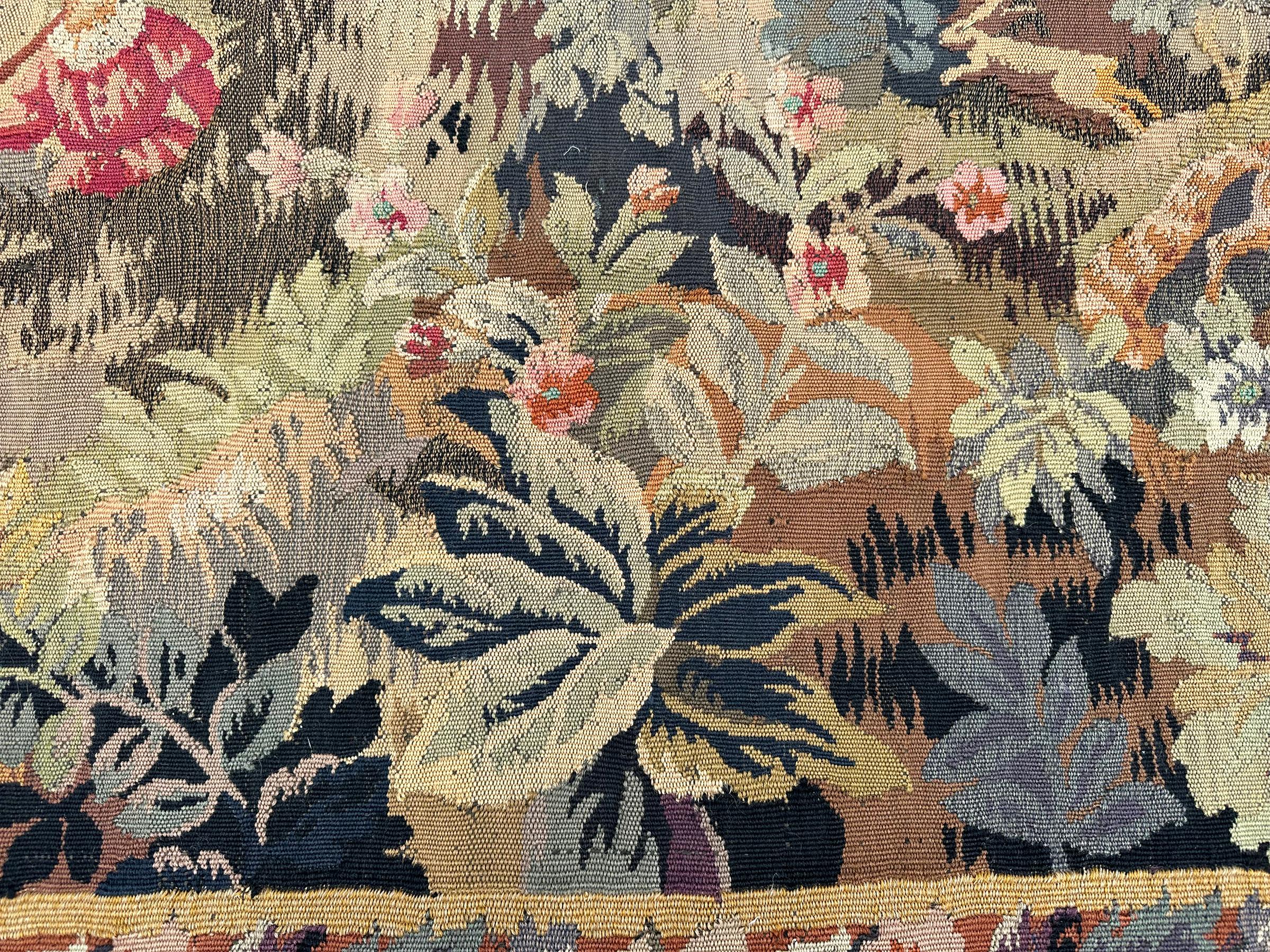 Hand-Woven Antique French Tapestry Exotic Flowers Animals Rare Black Verdure 3x6 92 x 168cm For Sale
