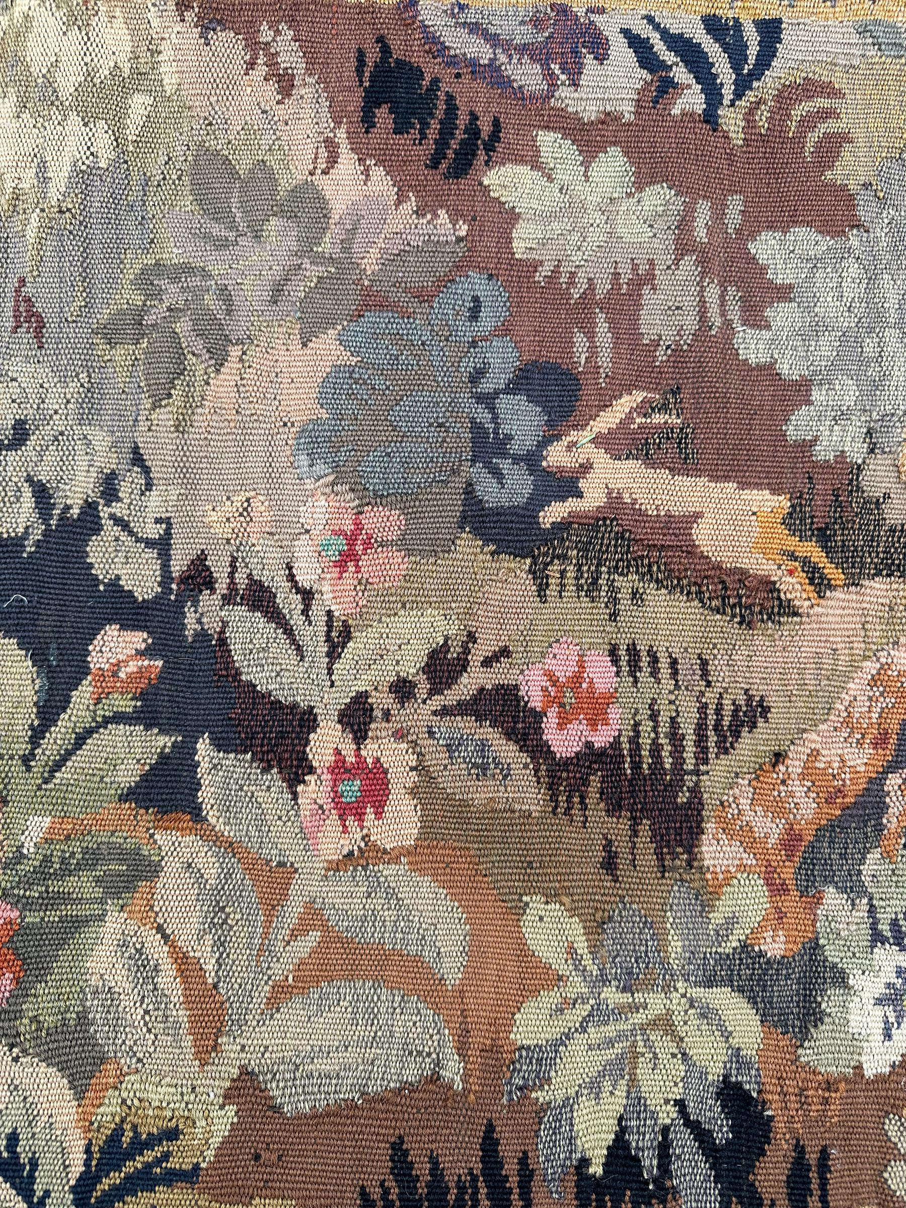 Antique French Tapestry Exotic Flowers Animals Rare Black Verdure 3x6 92 x 168cm In Good Condition For Sale In New York, NY