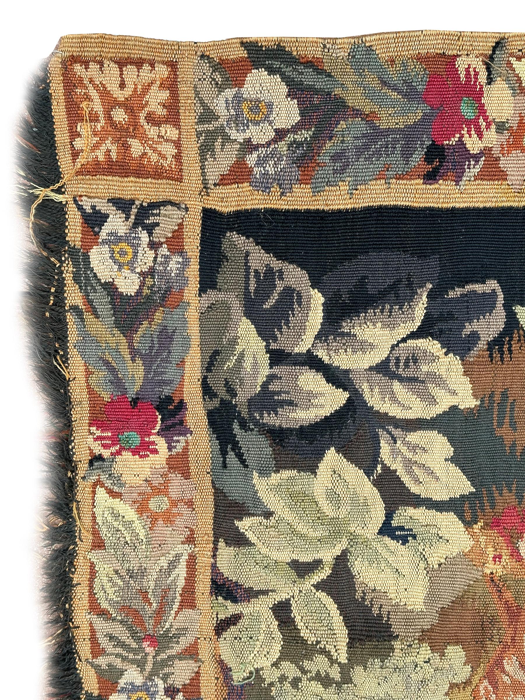 Early 20th Century Antique French Tapestry Exotic Flowers Animals Rare Black Verdure 3x6 92 x 168cm For Sale