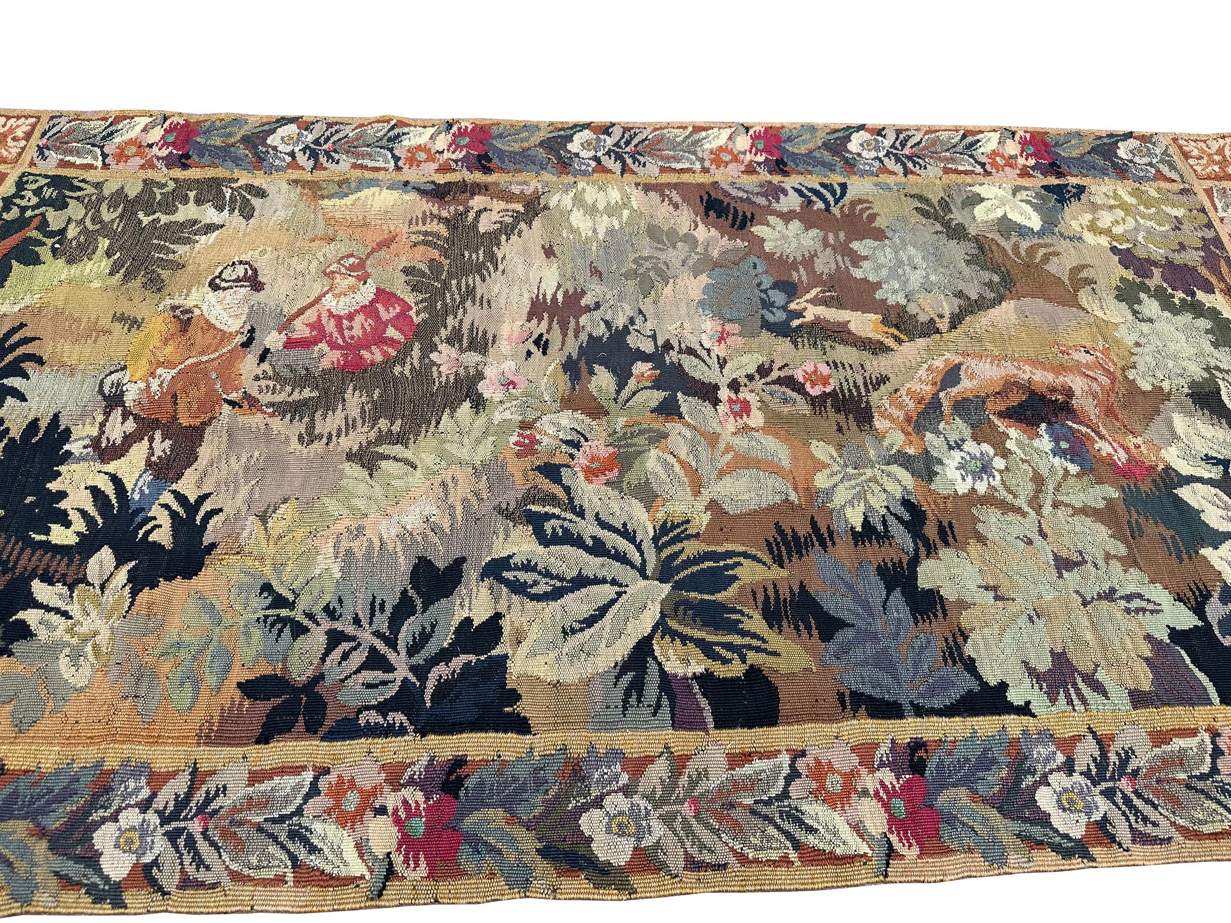 Wool Antique French Tapestry Exotic Flowers Animals Rare Black Verdure 3x6 92 x 168cm For Sale