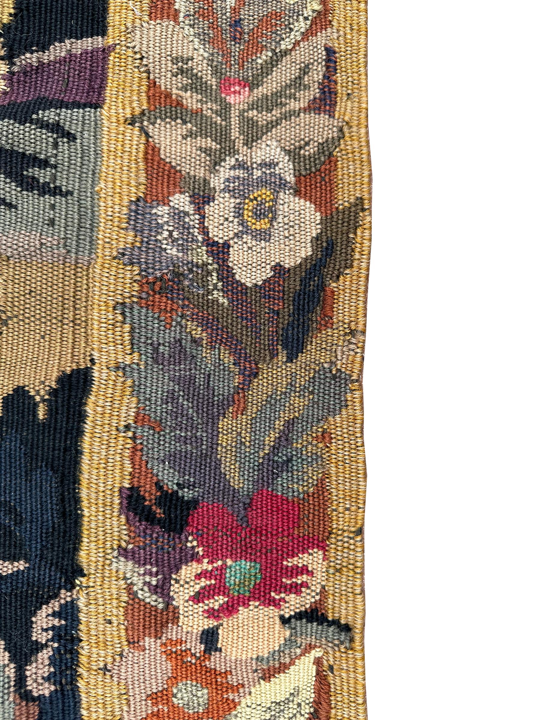 Antique French Tapestry Exotic Flowers Animals Rare Black Verdure 3x6 92 x 168cm For Sale 1