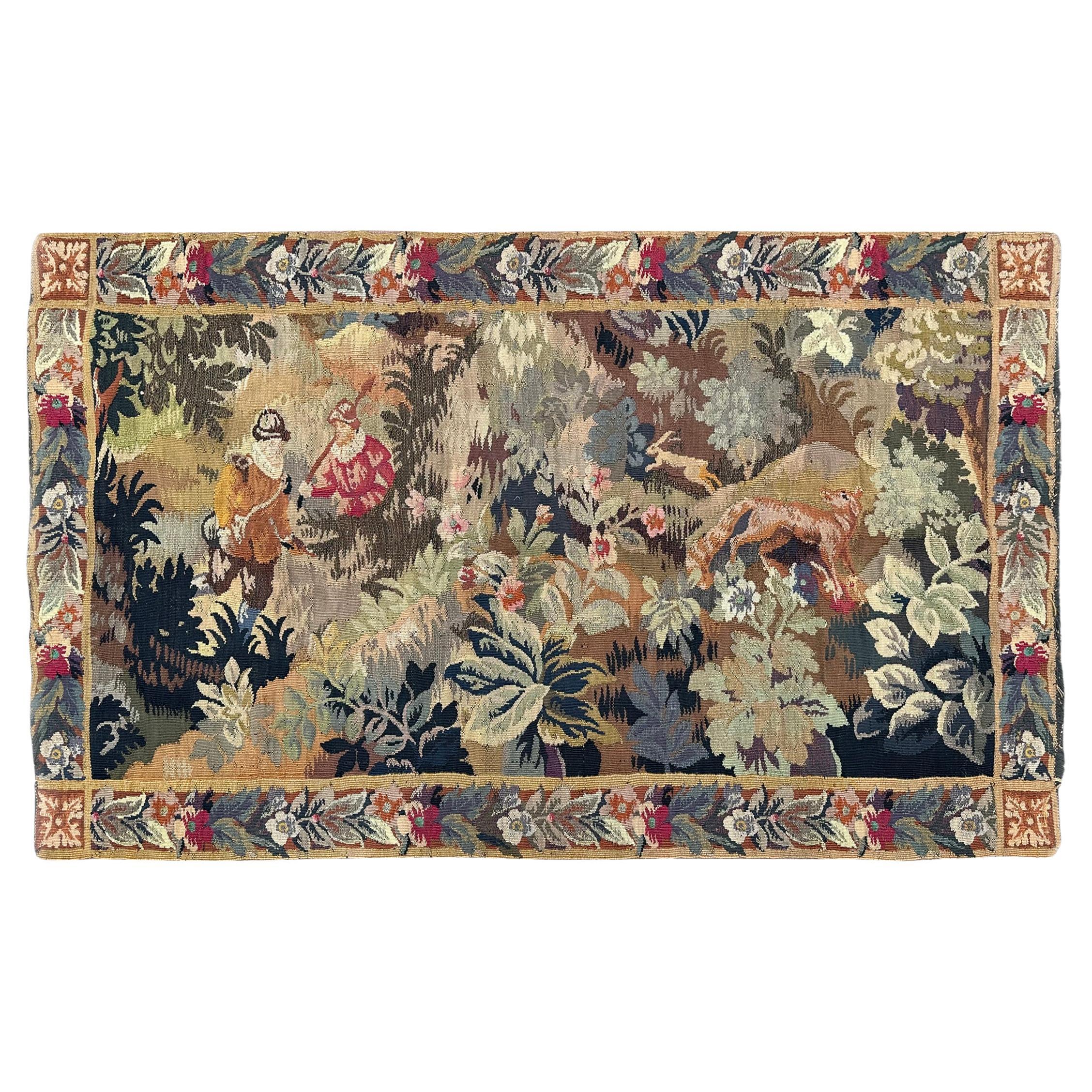 Antique French Tapestry Exotic Flowers Animals Rare Black Verdure 3x6 92 x 168cm For Sale