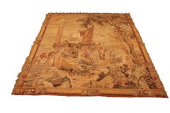 Antique French Tapestry Fine Square Fisherman Verdure 224x239cm Beige 8x8 C.1890
