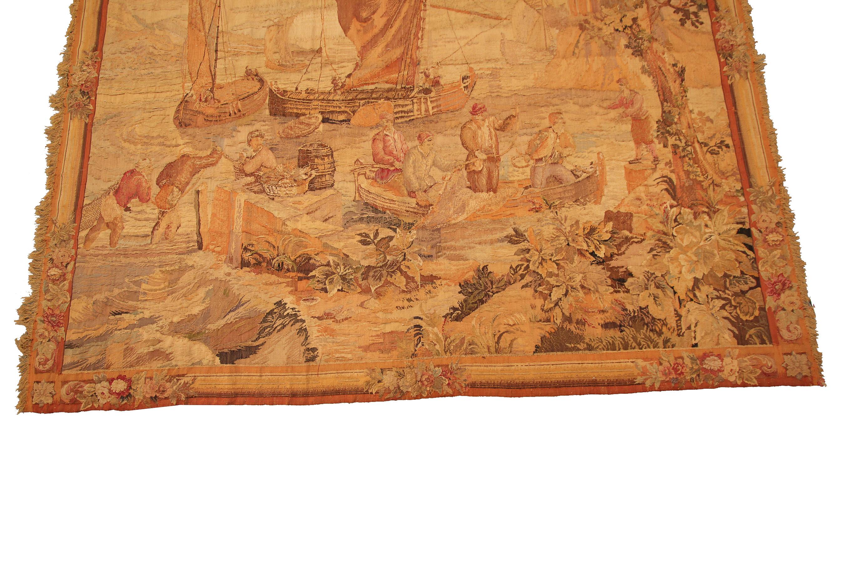 Hand-Woven Antique French Tapestry Fine Square Fisherman Verdure 224x239cm Beige 8x8 C.1890 For Sale