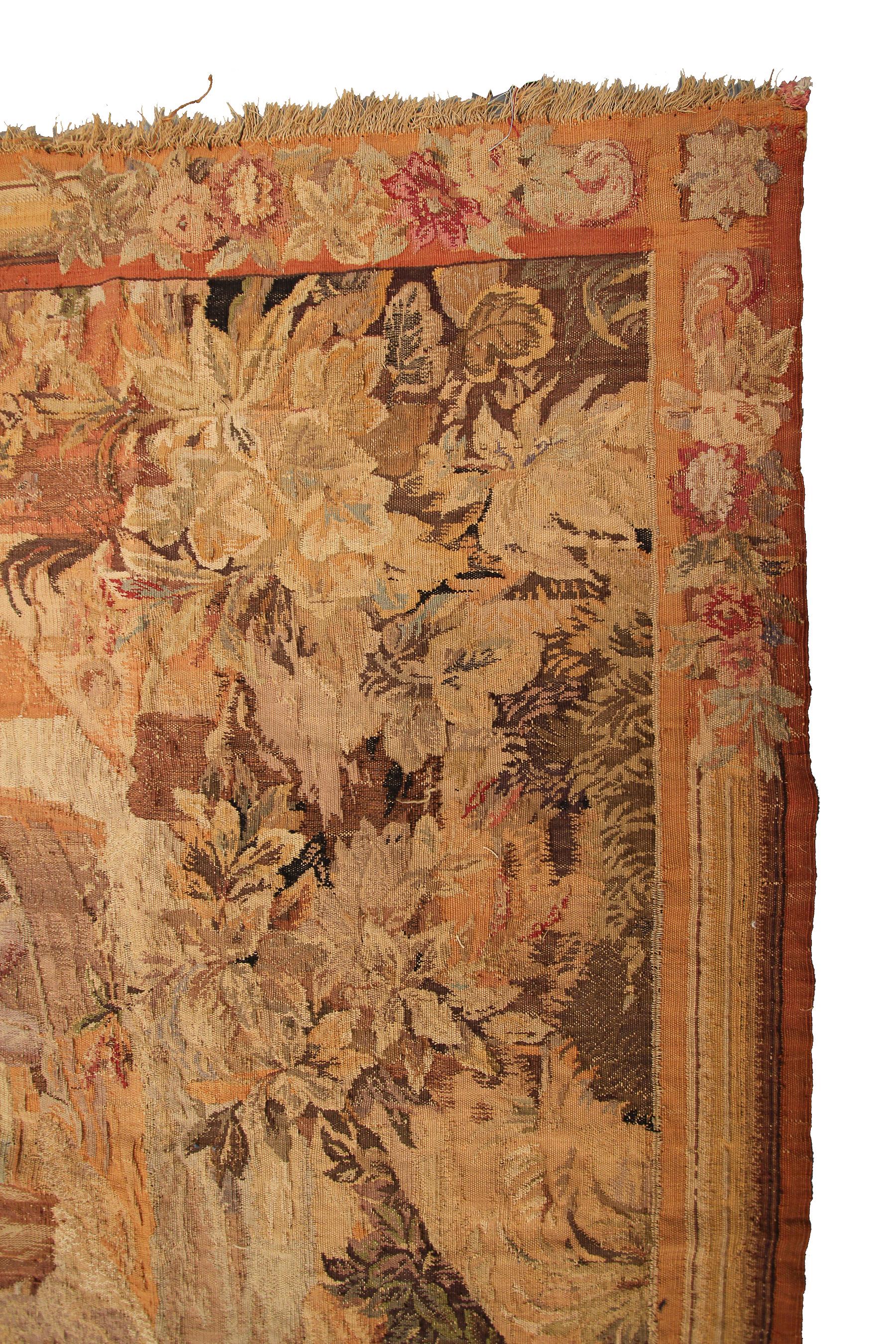 Late 19th Century Antique French Tapestry Fine Square Fisherman Verdure 224x239cm Beige 8x8 C.1890 For Sale