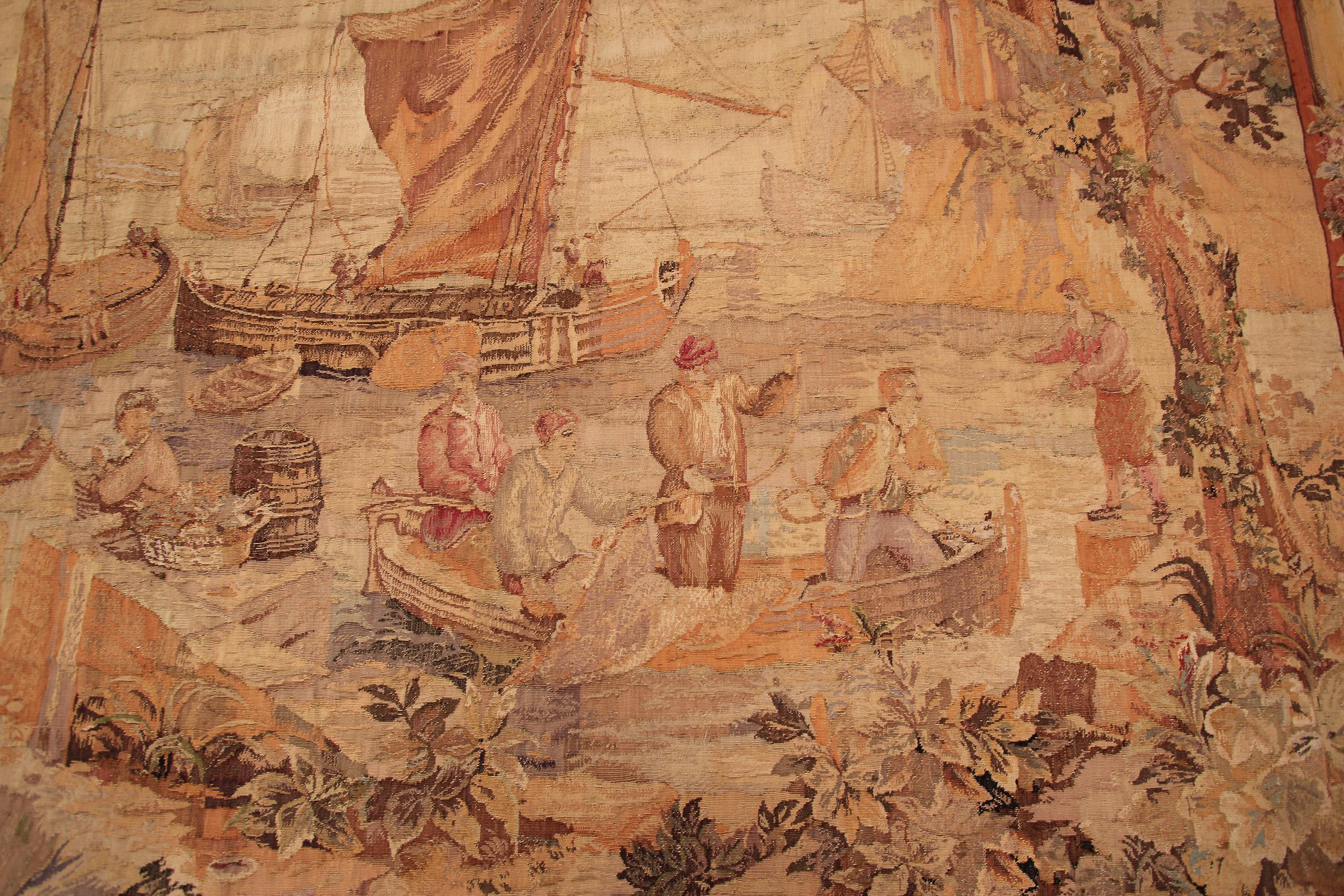 Wool Antique French Tapestry Fine Square Fisherman Verdure 224x239cm Beige 8x8 C.1890 For Sale