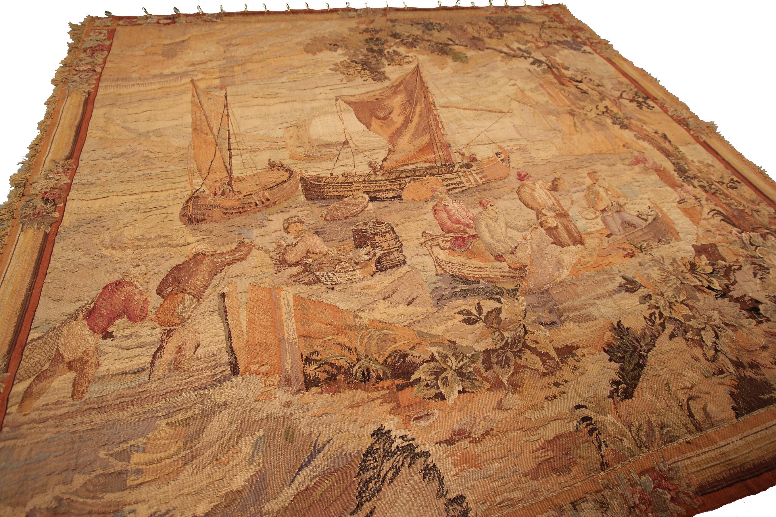 Antique French Tapestry Fine Square Fisherman Verdure 224x239cm Beige 8x8 C.1890 For Sale 1