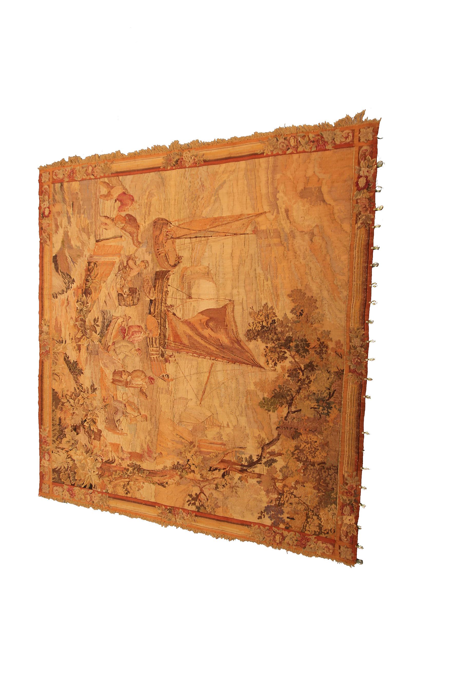 Antique French Tapestry Fine Square Fisherman Verdure 224x239cm Beige 8x8 C.1890 For Sale 2