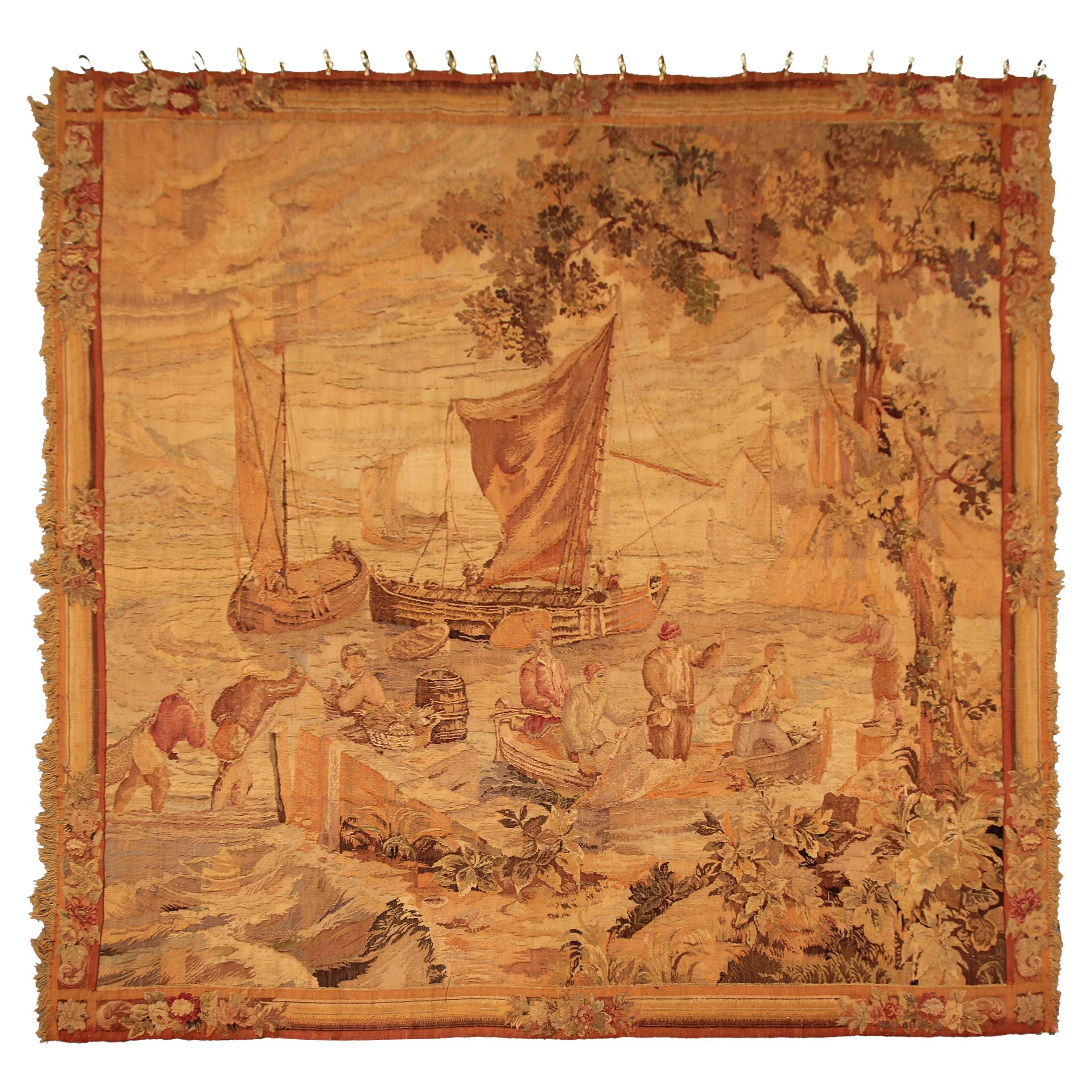 Antique French Tapestry Fine Square Fisherman Verdure 224x239cm Beige 8x8 C.1890 For Sale