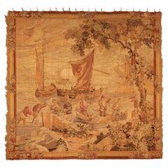 Antique French Tapestry Fine Square Fisherman Verdure 224x239cm Beige 8x8 C.1890