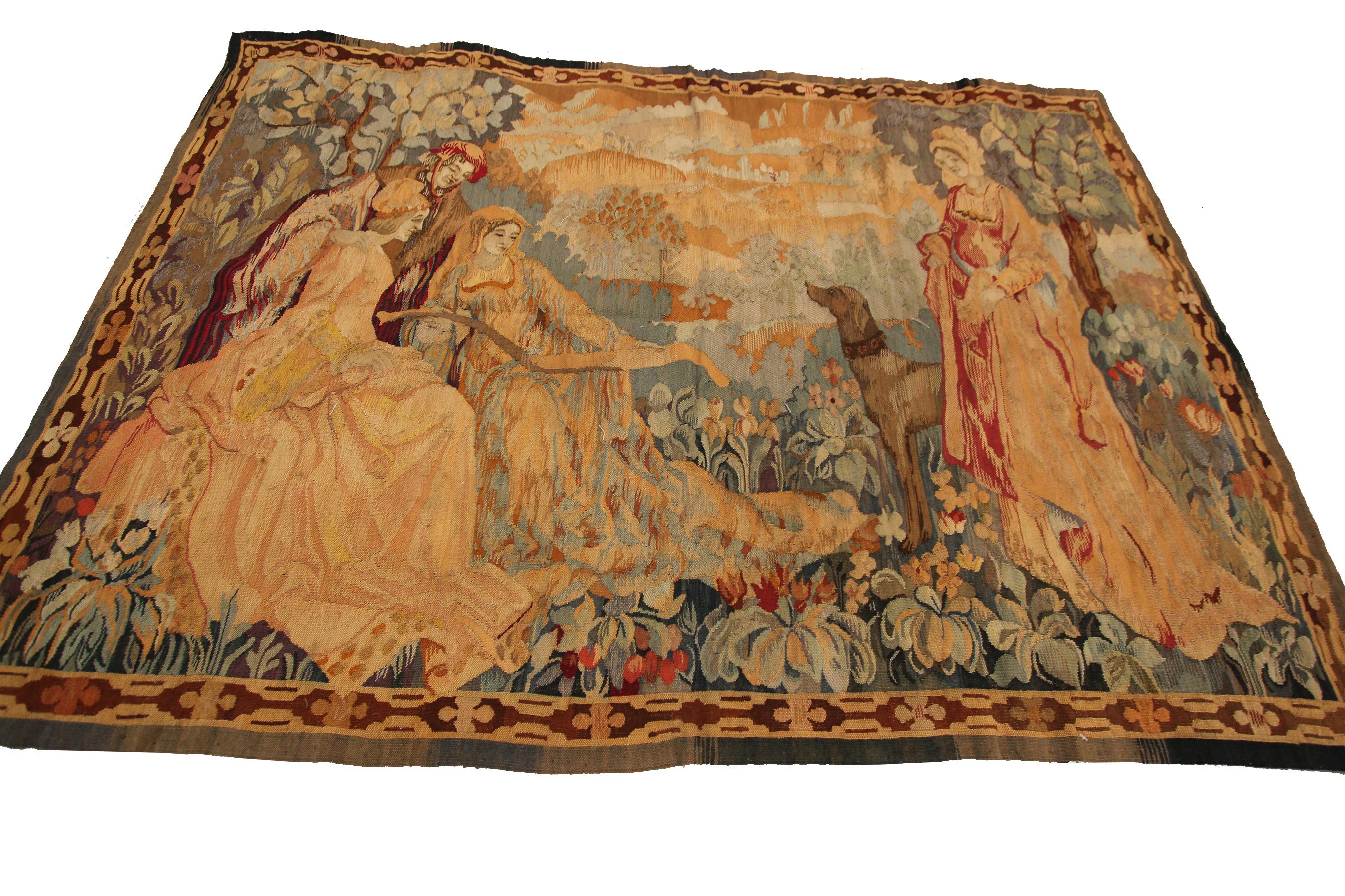 Early 20th Century Antique French Tapestry Handmade Tapestry Beige Large Tapestry Medieval, 1920