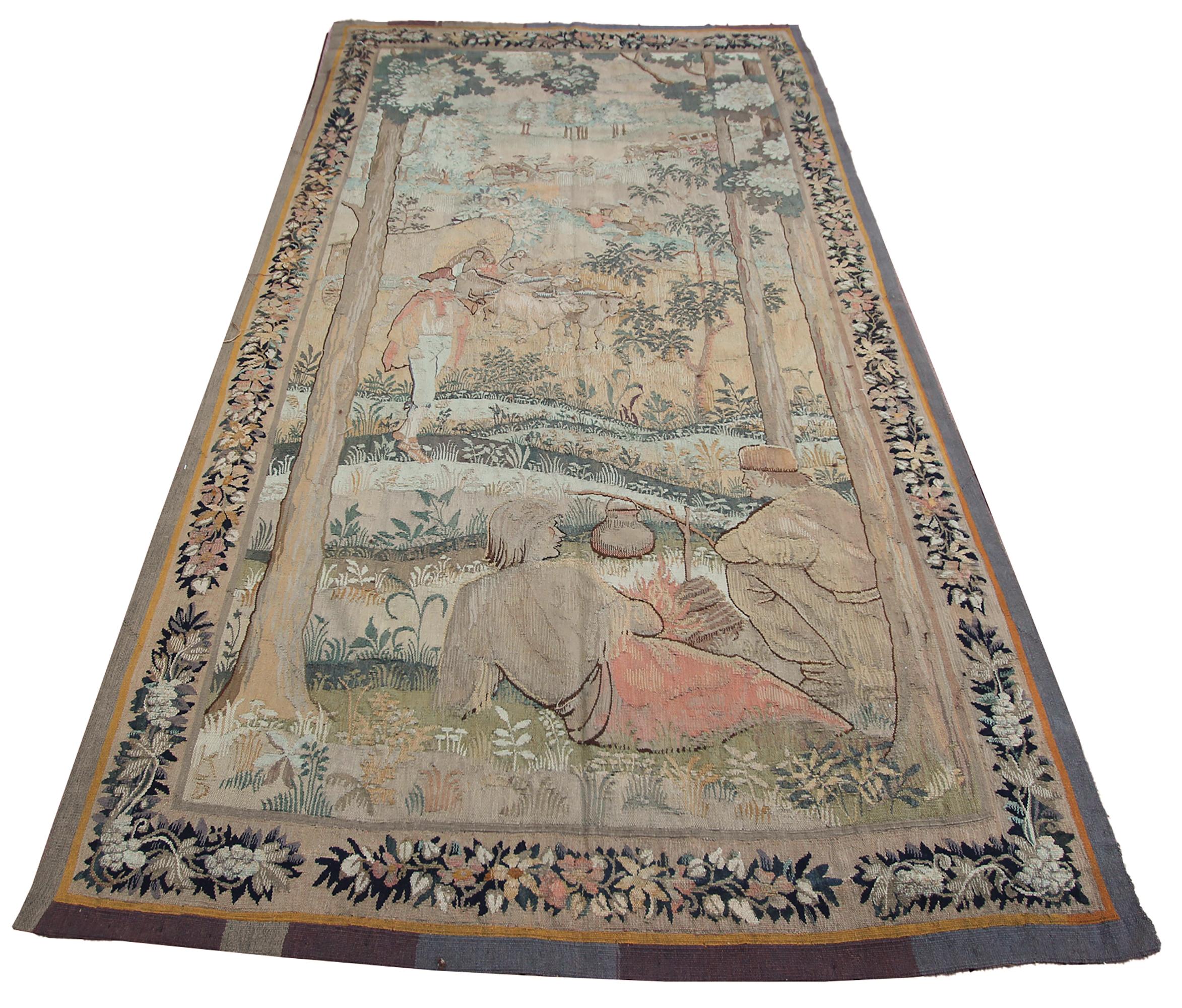 Hand-Knotted Antique French Tapestry Handmade Tapestry Large Verdure Tapestry 5x9 For Sale