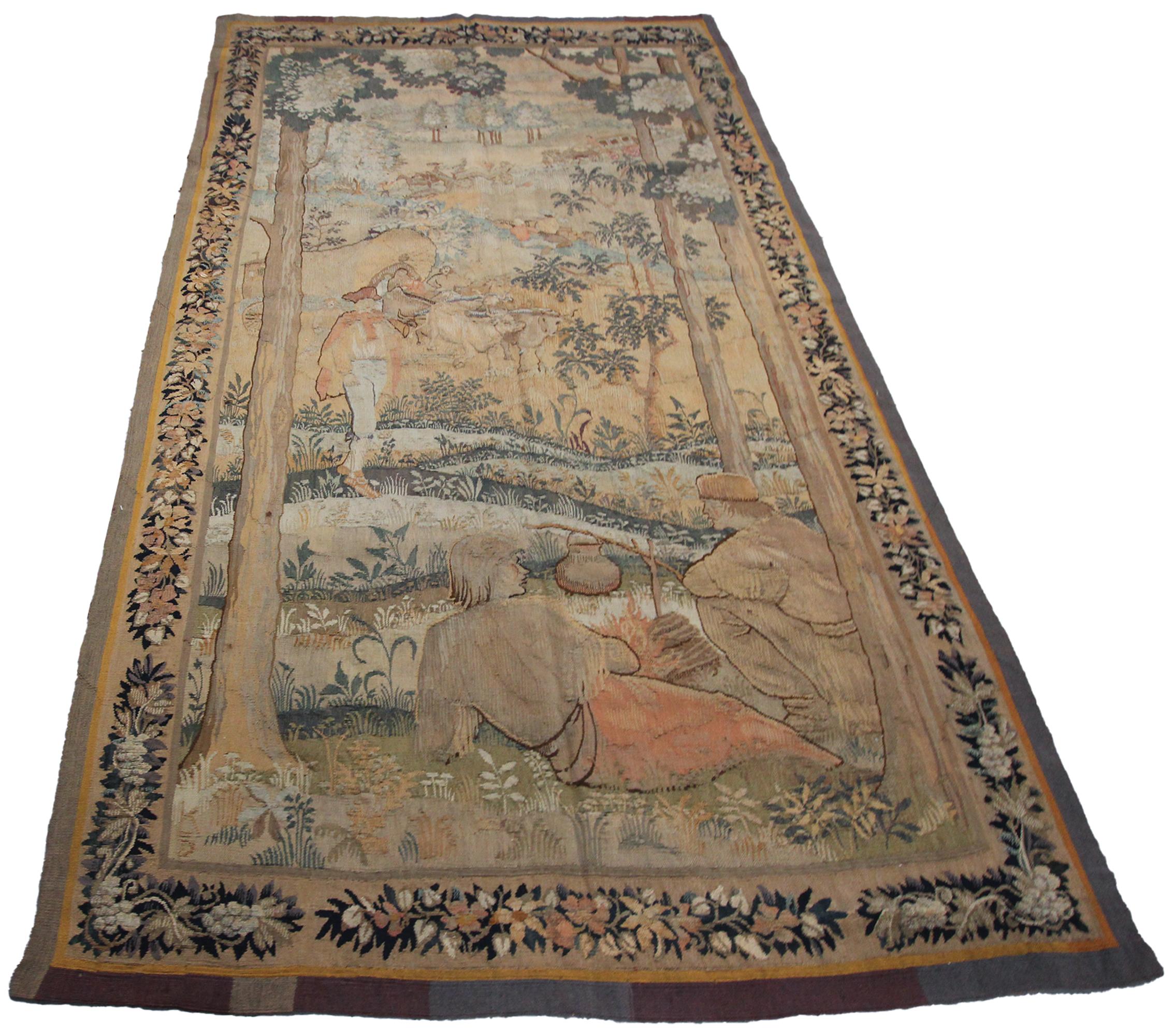 Wool Antique French Tapestry Handmade Tapestry Large Verdure Tapestry 5x9 For Sale