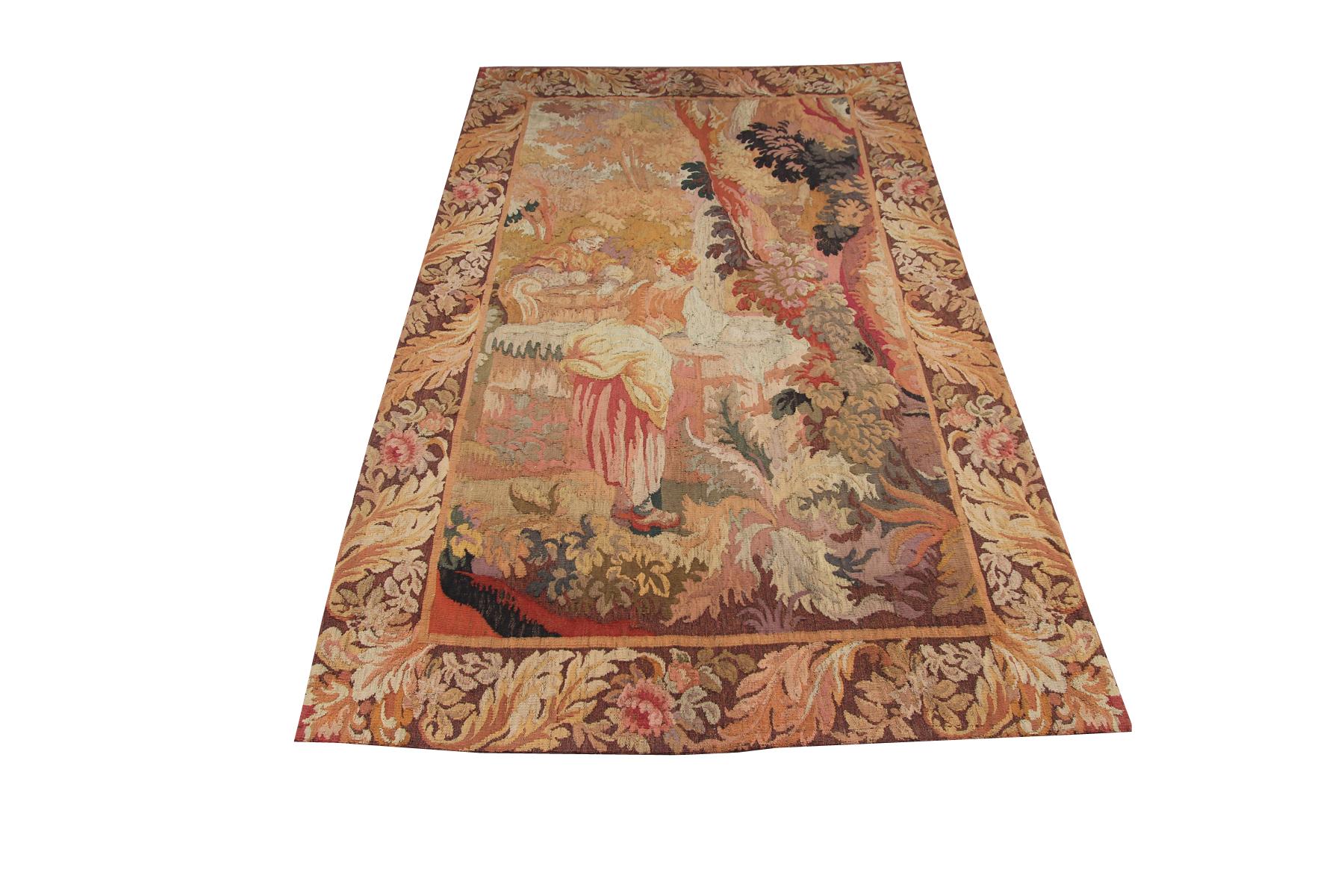 Hand-Woven Antique French Tapestry Handwoven French Tapestry Aubusson Verdure Tapestry For Sale