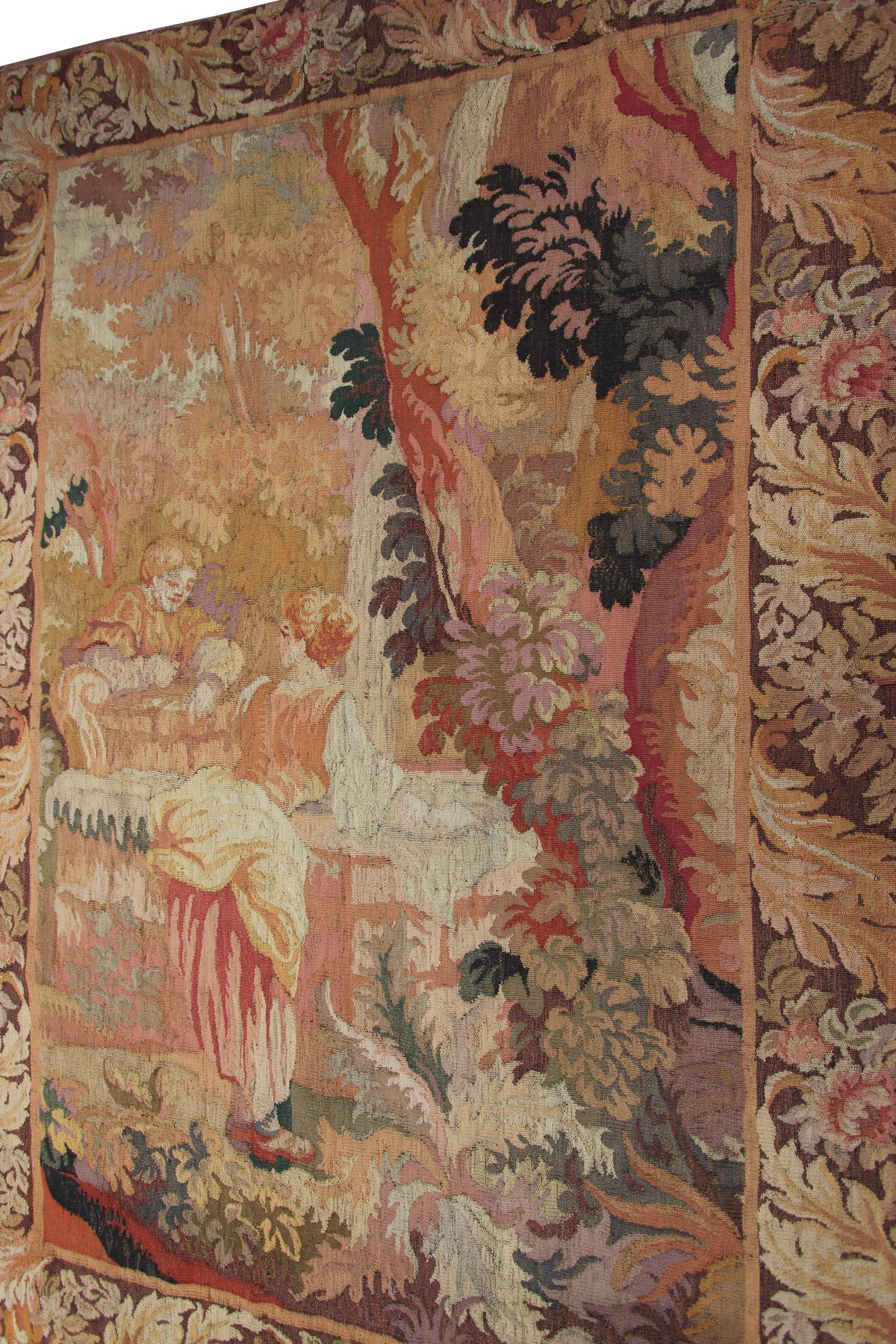 Antiker französischer Wandteppich, handgewebter französischer Wandteppich, Aubusson Verdure, 4x6 (Wolle) im Angebot