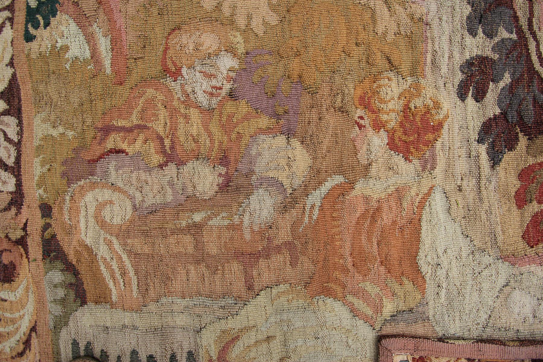 Laine Tapisserie française ancienne tissée à la main Tapisserie française Aubusson Verdure 4x6 en vente