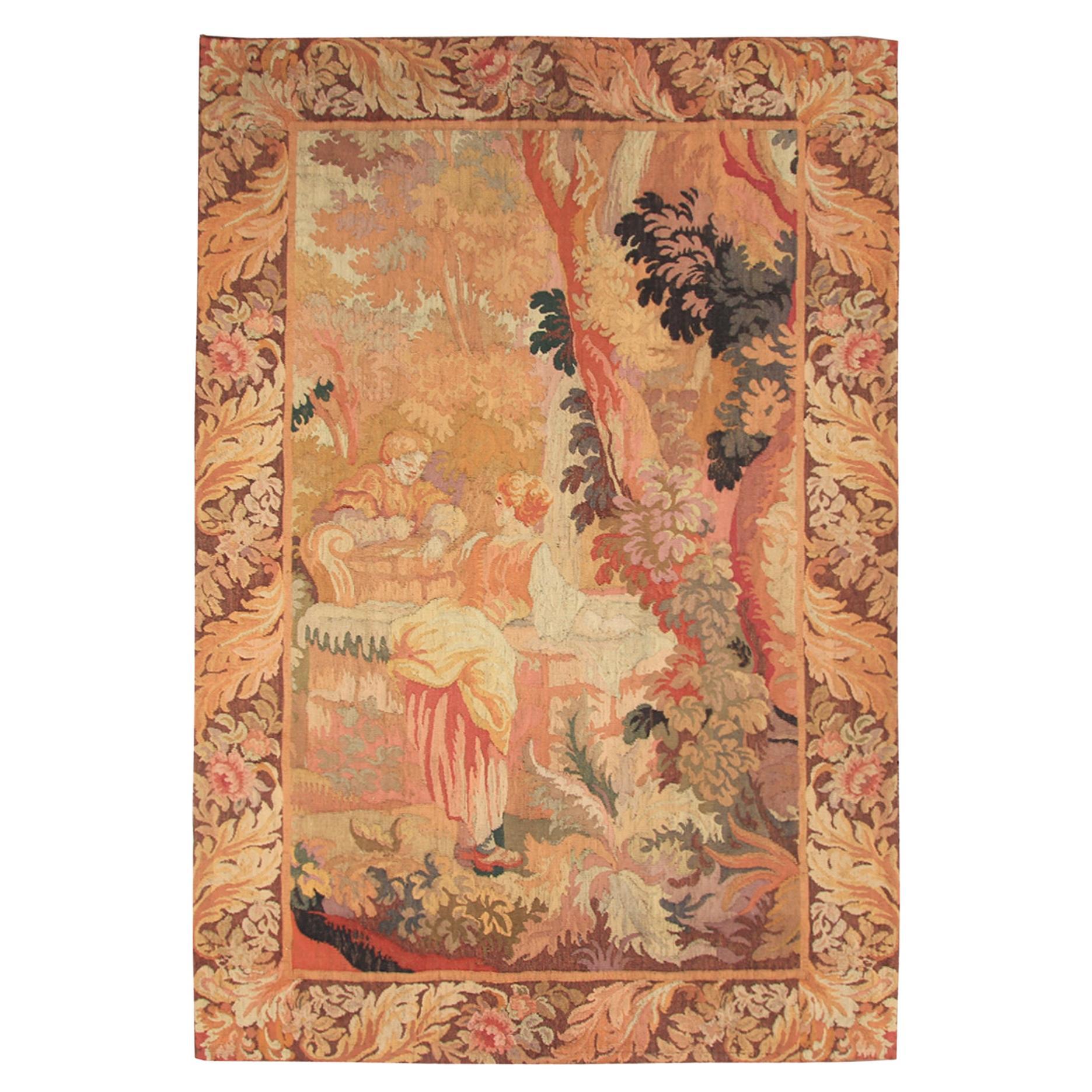 Antique French Tapestry Handwoven French Tapestry Aubusson Verdure Tapestry For Sale