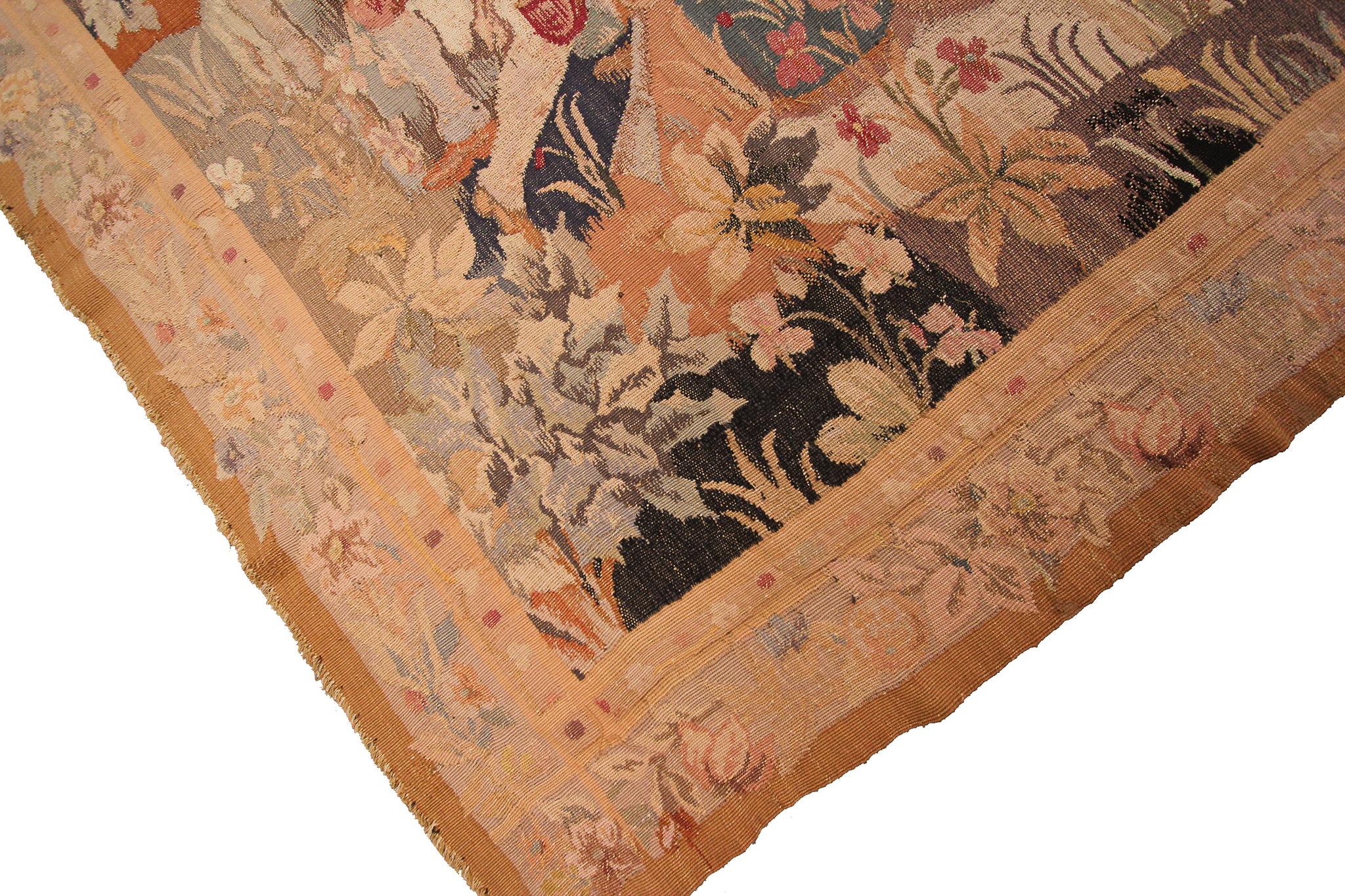 Wool Antique French Tapestry Handwoven French Tapestry Aubusson Verdure Tapestry For Sale