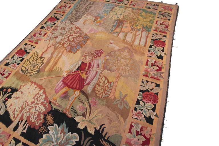 Tapisserie Française Ancienne D'Aubusson Avec Scène De Bois Entourée D Bordure Florale