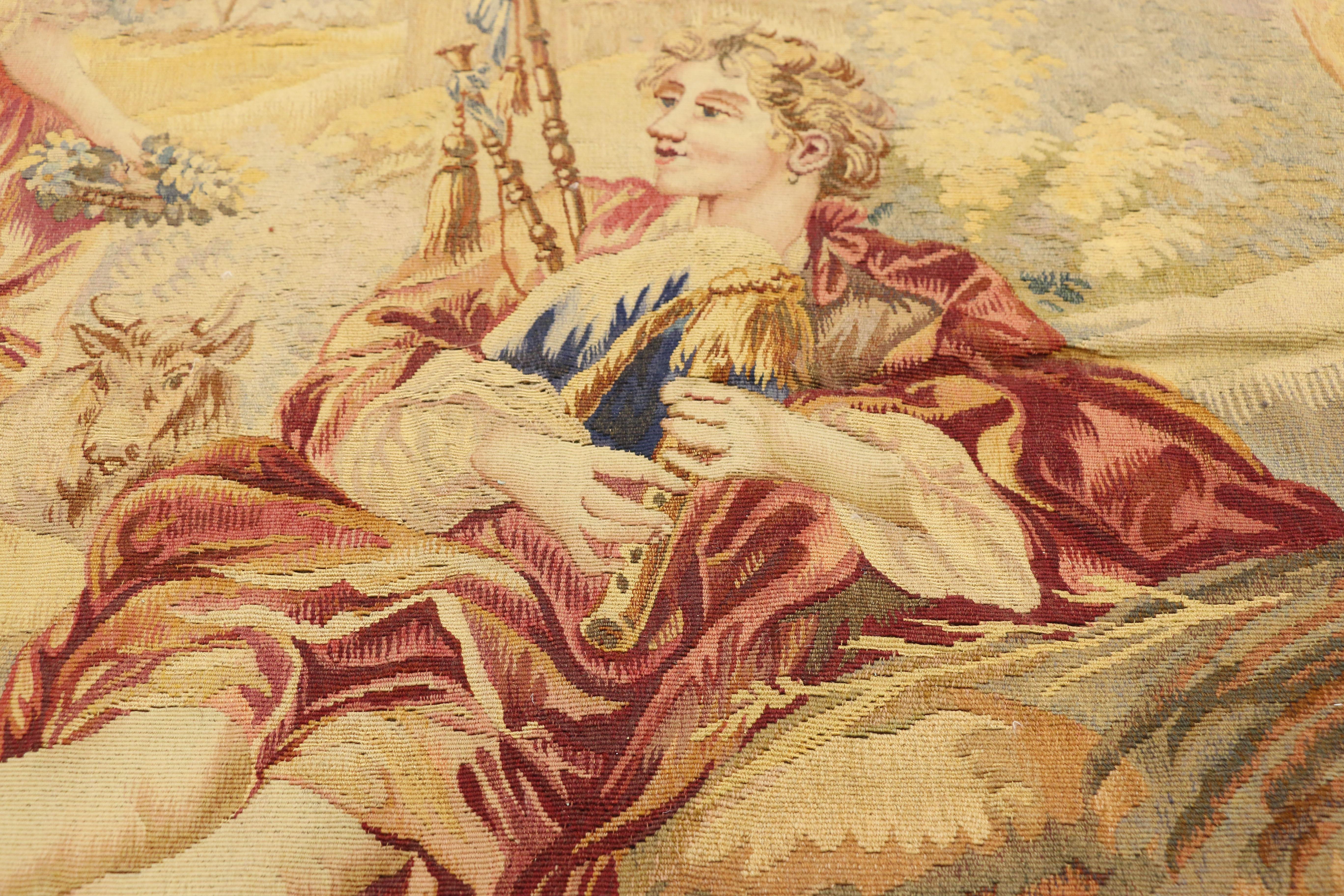 Hand-Woven Antique French Tapestry Inspired by Francois Boucher, Le Berger Recompensé