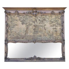 Antique French Tapestry Louis XV Rococo Carved Wood Overmantle Trumeau Mirror