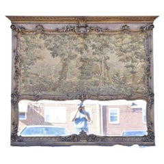 Antique French Tapestry Louis XV Rococo Carved Wood Overmantle Trumeau Mirror