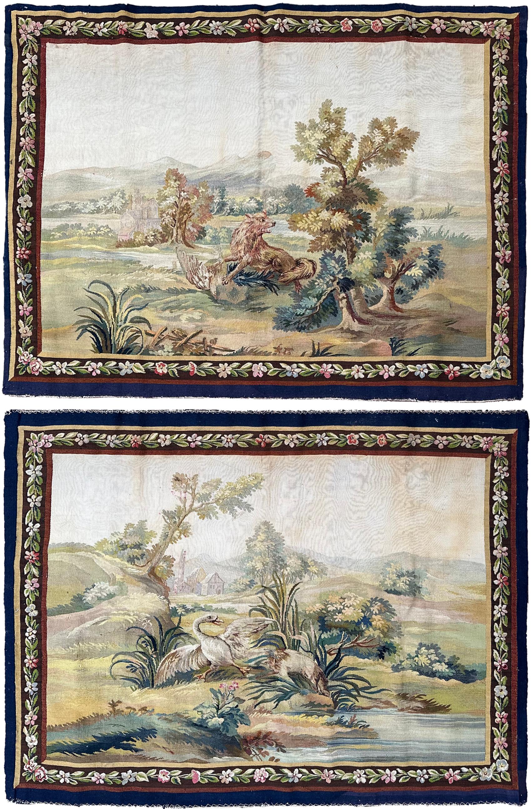 Antikes französisches Wandteppichpaar aus Wandteppichen aus Wolle und Seide, handgefertigt im Angebot