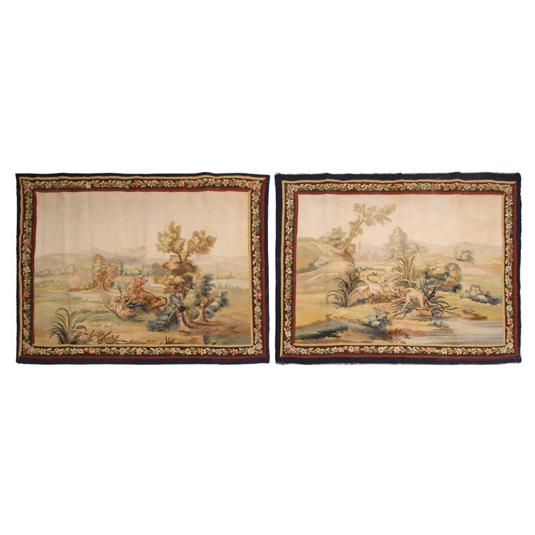 Antique French Tapestry Pair of Tapestries Wool and Silk Tapestry Handmade Tapestr For Sale at