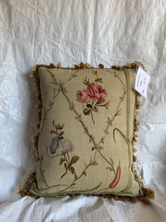 Antique French Tapestry Pillow, 1800s, Botanical Vine and Bird Design