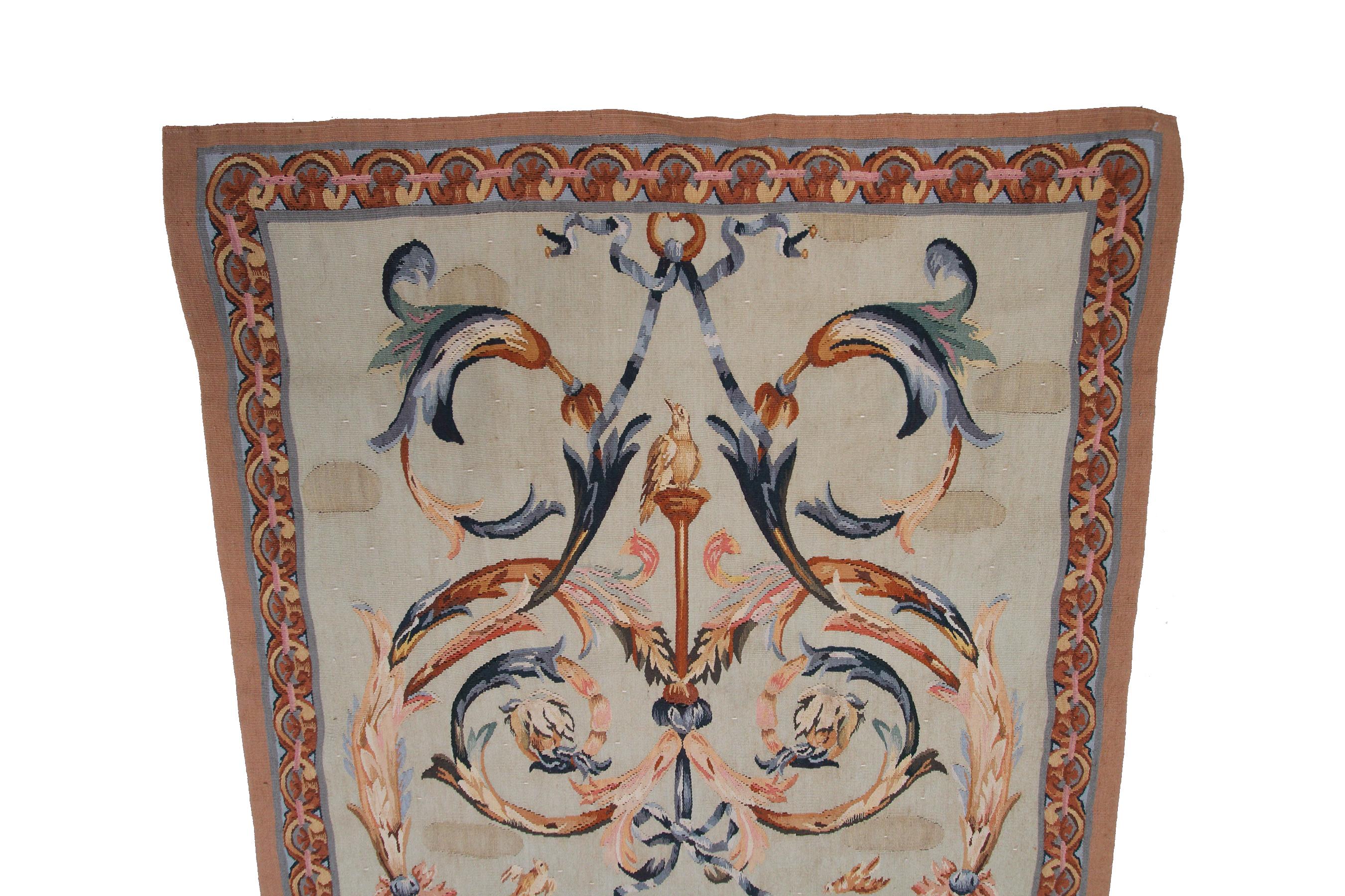 Antiker französischer Wandteppich im Rokoko-Stil Blauer Wolle & Seide 3x6 handgewebter Wandteppich (Französisch) im Angebot