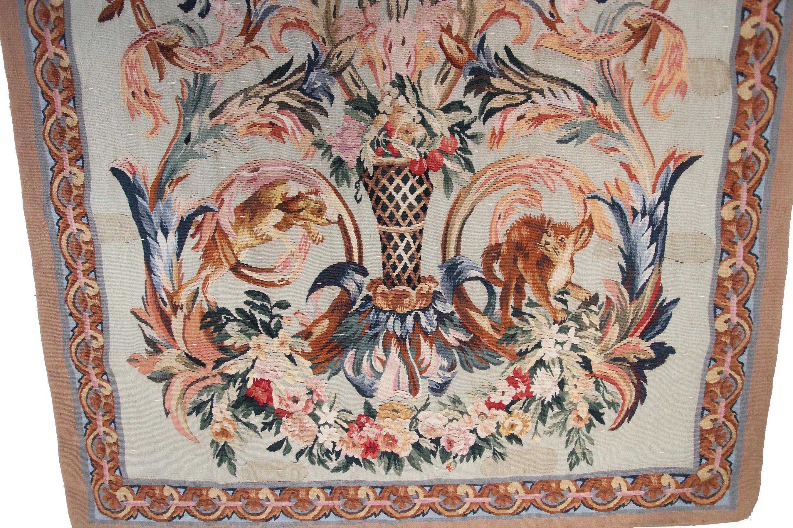 Antiker französischer Wandteppich im Rokoko-Stil Blauer Wolle & Seide 3x6 handgewebter Wandteppich (Frühes 20. Jahrhundert) im Angebot