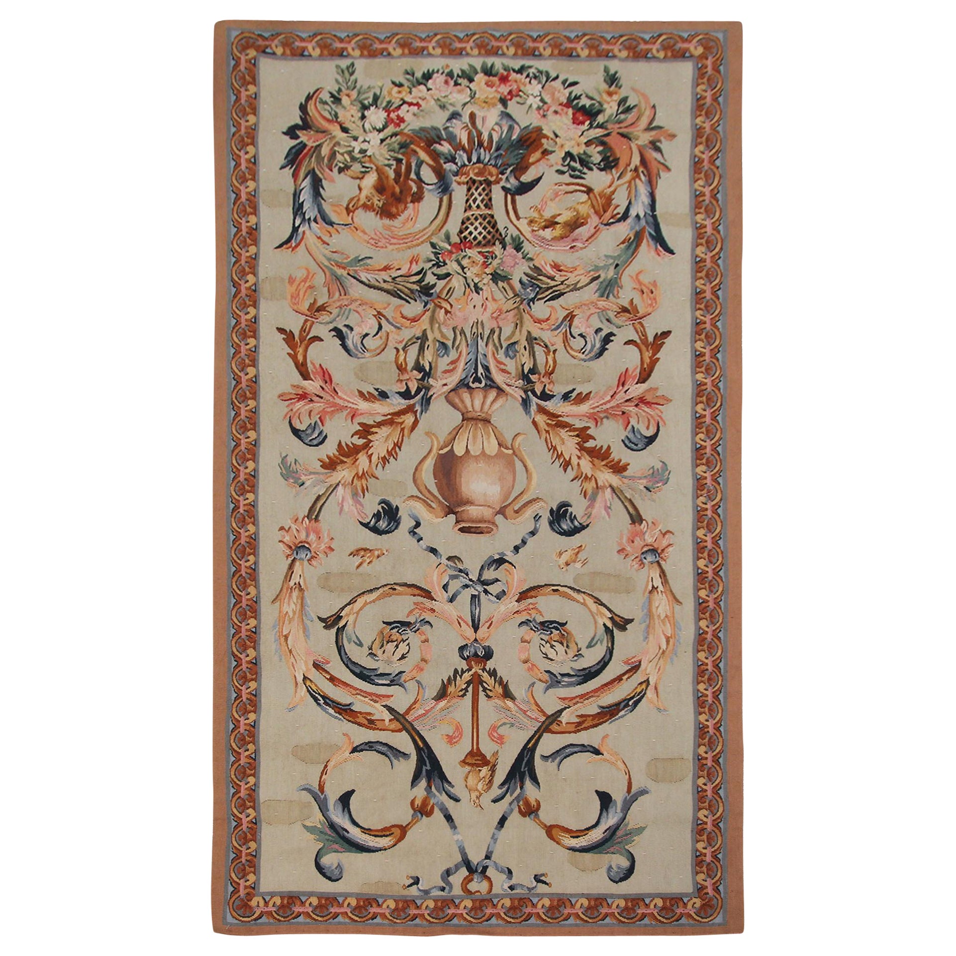 Antique French Tapestry Rococo Tapestry Blue Wool & Silk 3x6 Handwoven Tapestry