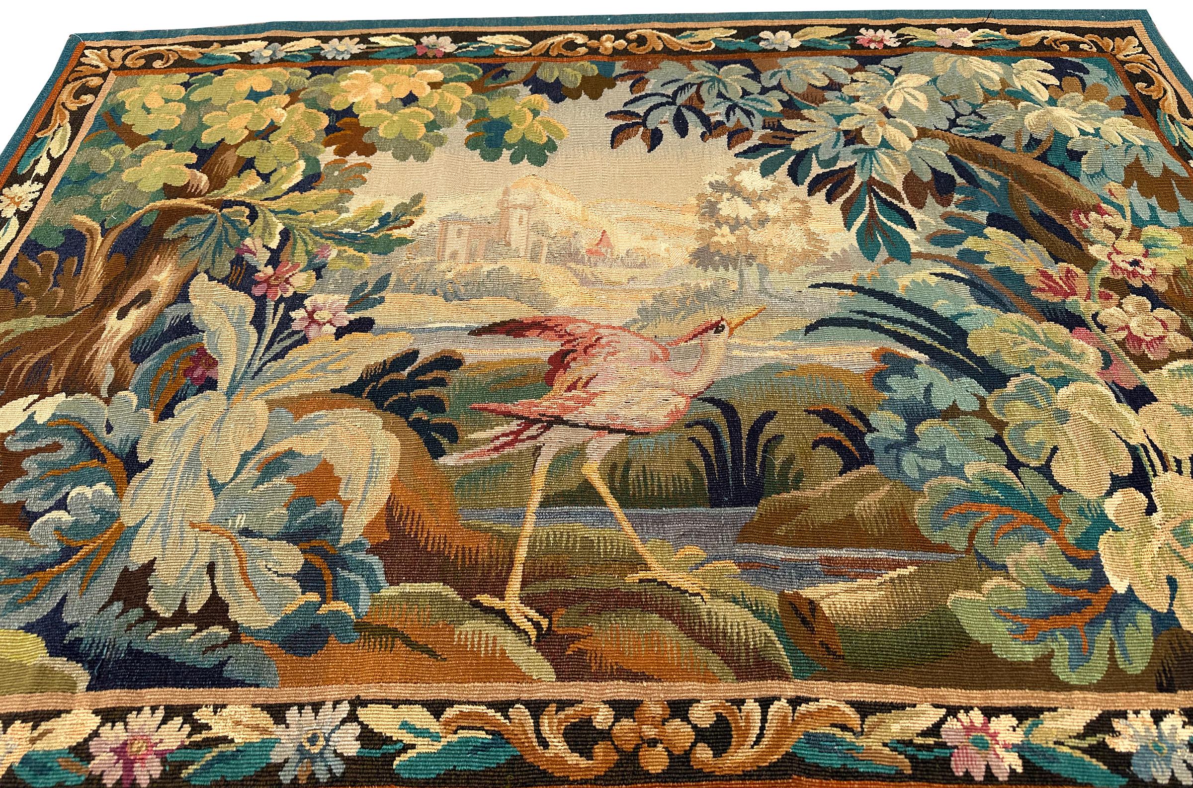 Antique French Wandteppich Verdure Vogel 110cmx163cm Grün 4x6 C.1900 im Angebot 5