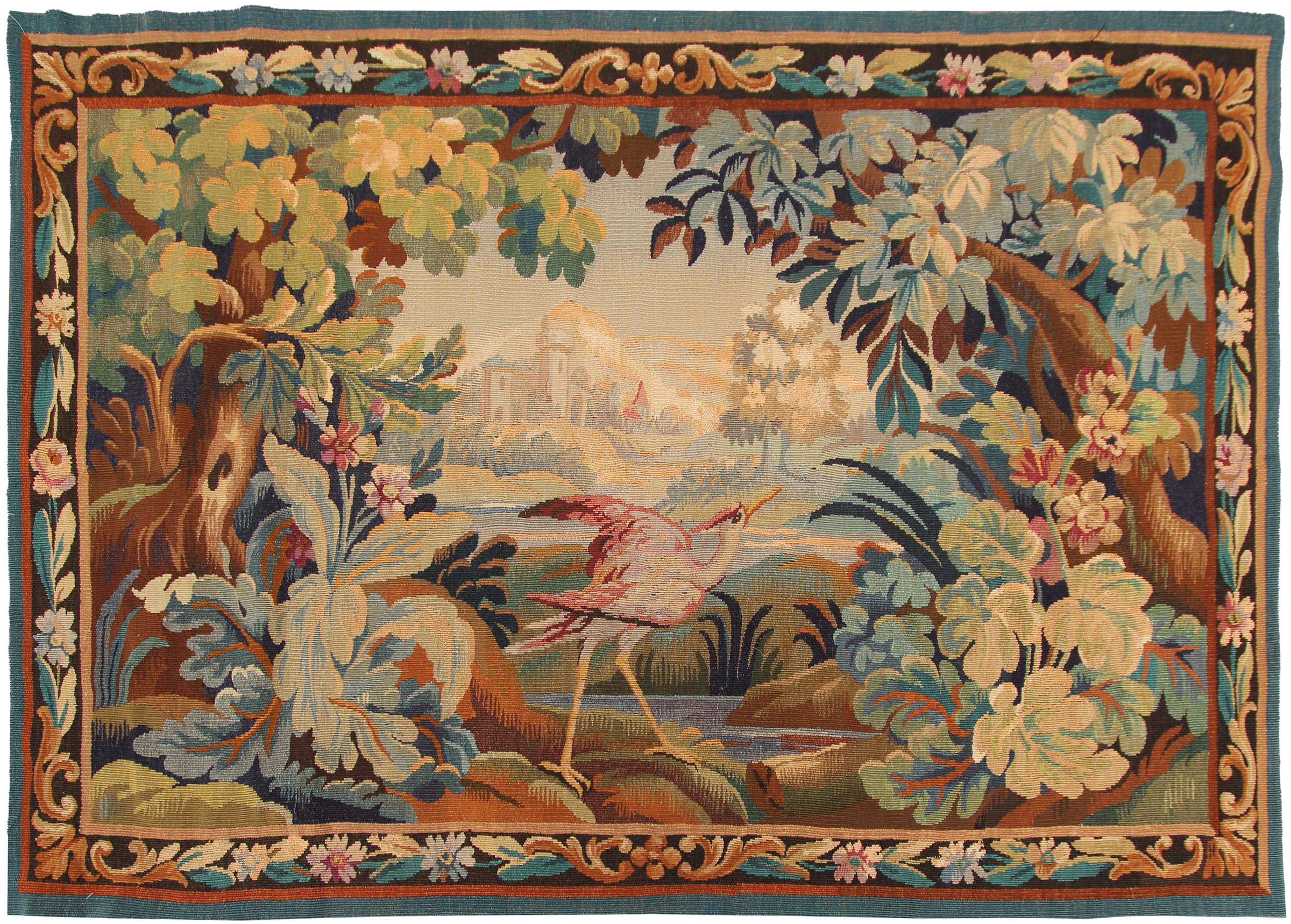 Antique French Wandteppich Verdure Vogel 110cmx163cm Grün 4x6 C.1900

