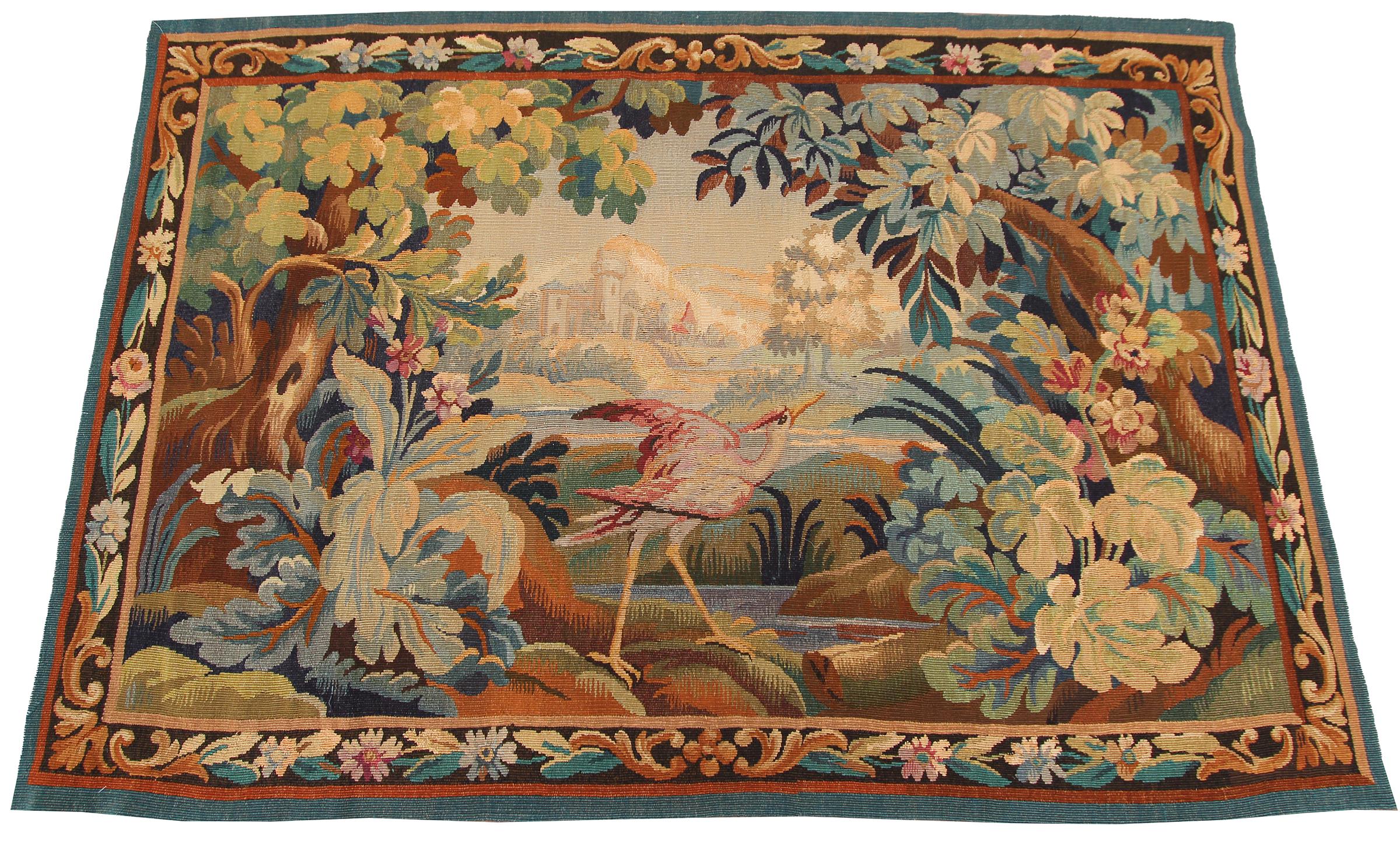 Antique French Wandteppich Verdure Vogel 110cmx163cm Grün 4x6 C.1900 (Barock) im Angebot