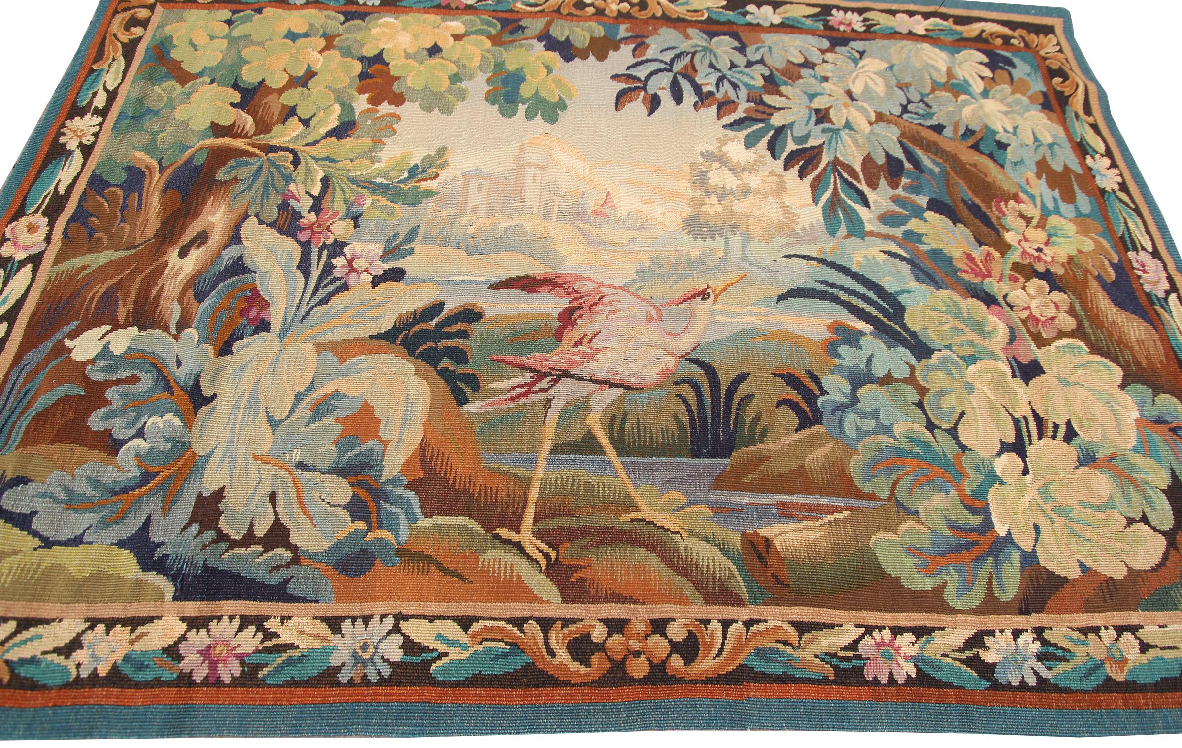 Antique French Wandteppich Verdure Vogel 110cmx163cm Grün 4x6 C.1900 (Französisch) im Angebot